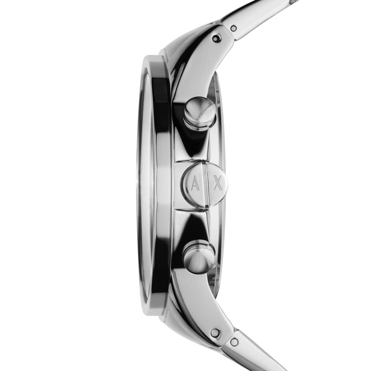 Side profile of Armani Exchange AX2092 watch showing case thickness and chronograph pushers