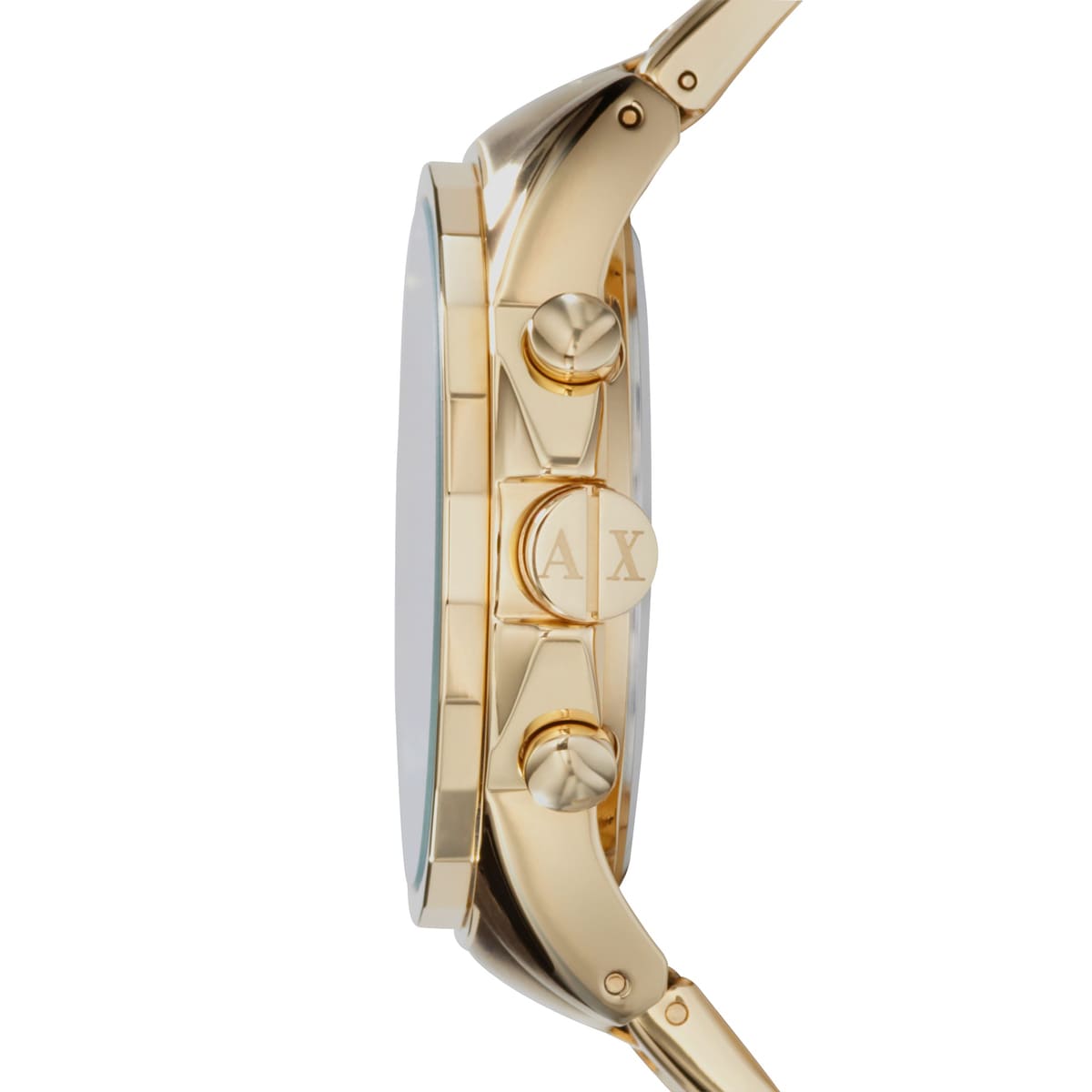 Side profile of Armani Exchange Banks AX2095 showing case thickness and gold-tone bracelet