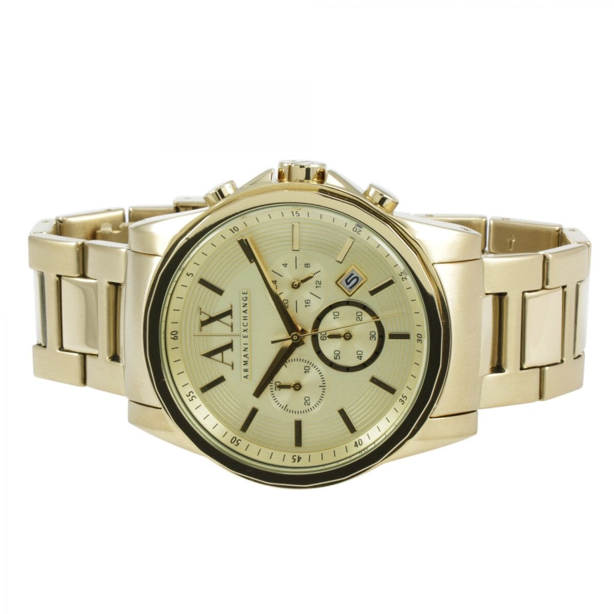 Armani Exchange AX2099 gold chronograph watch displayed on wrist