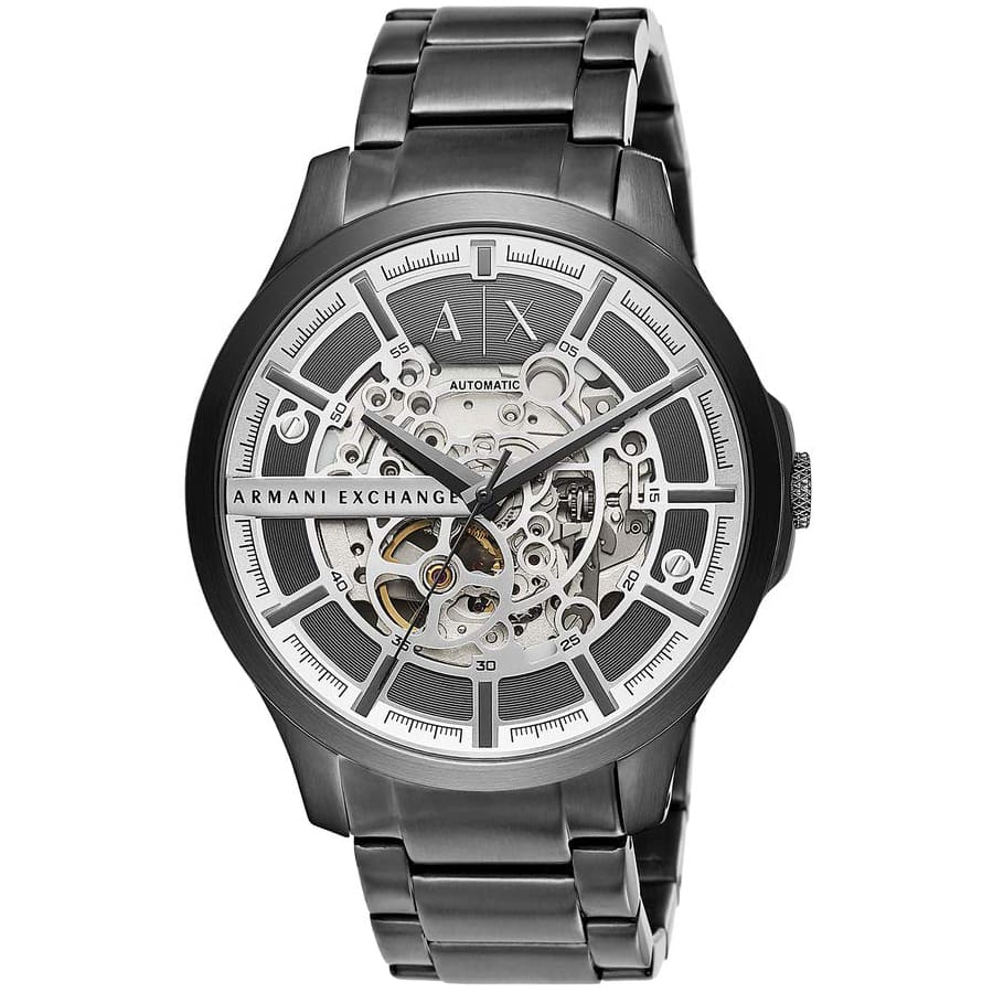 AX2417 Hampton watch angled view showing skeleton dial and steel bracelet
