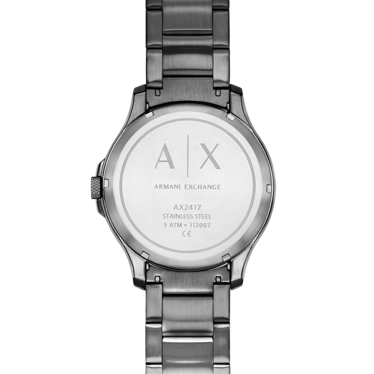 AX2417 caseback detail with Armani Exchange branding and model specifications