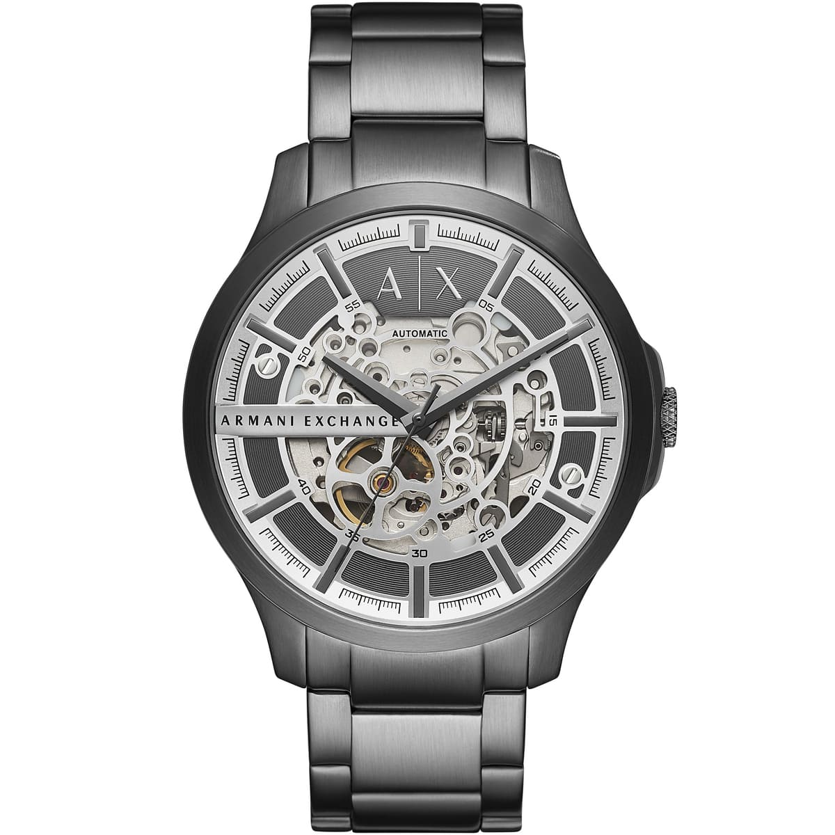 Armani Exchange Hampton AX2417 automatic skeleton dial watch with gunmetal steel strap