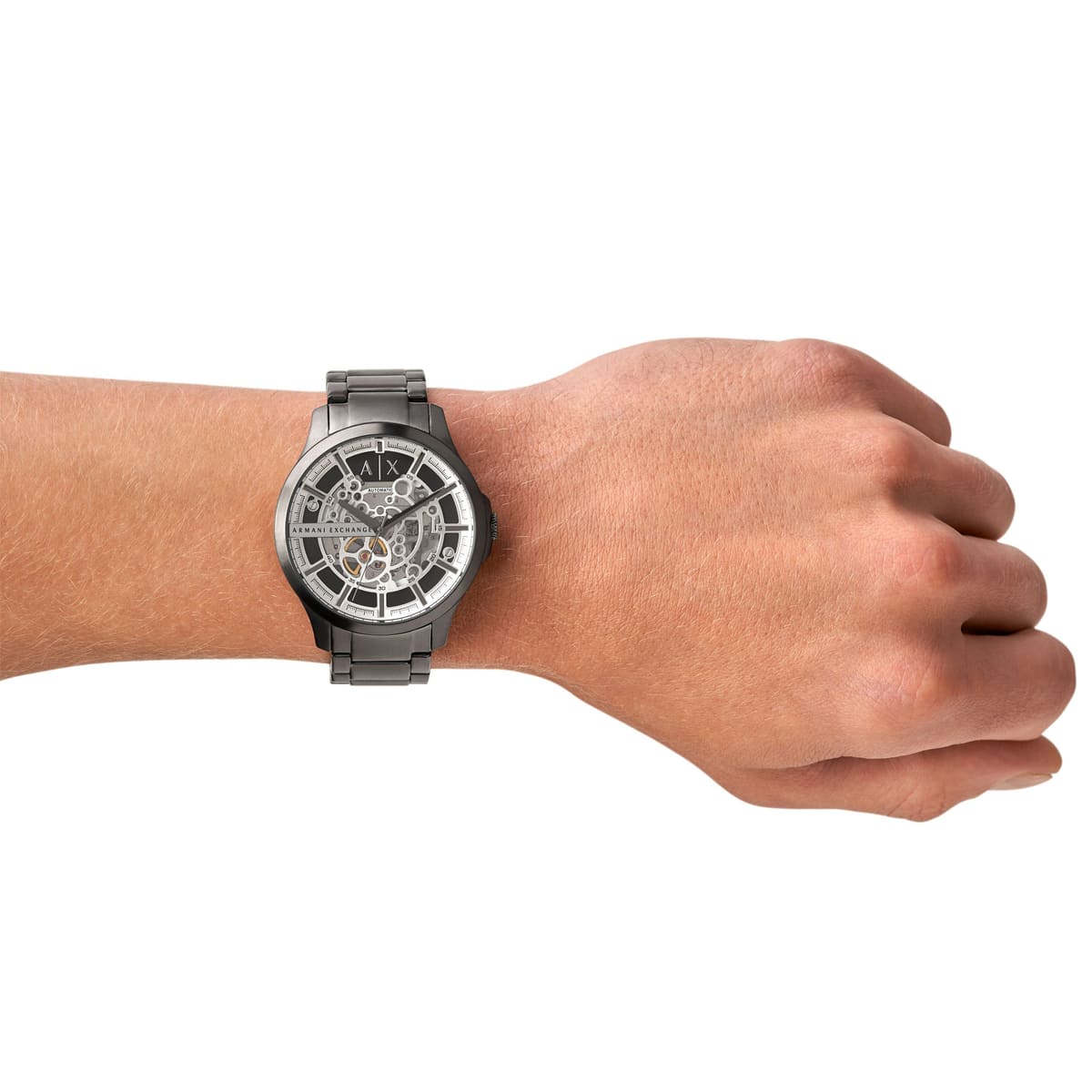 Armani Exchange Hampton AX2417 skeleton watch worn on wrist