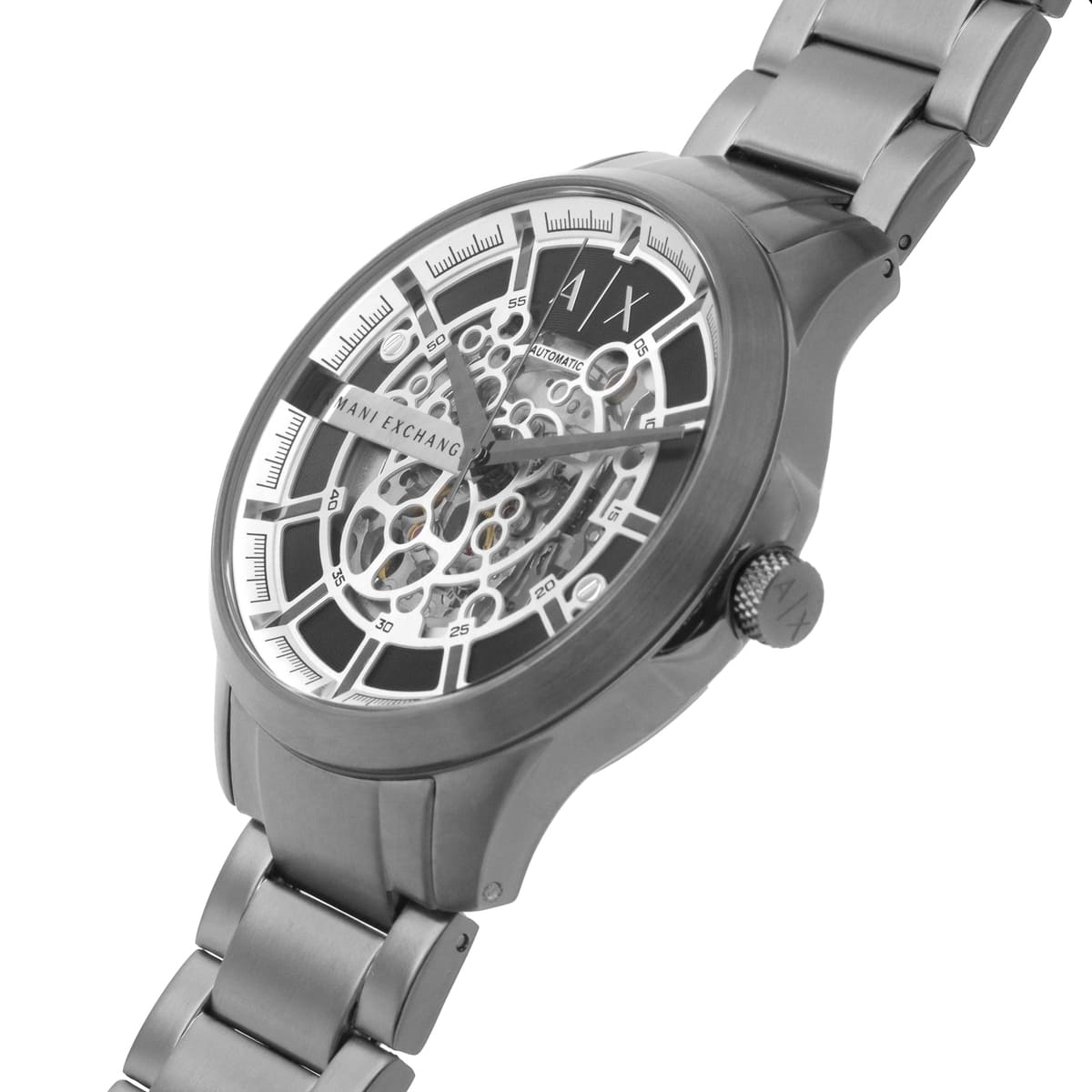 Side profile of Armani Exchange Hampton AX2417 watch with gunmetal steel band