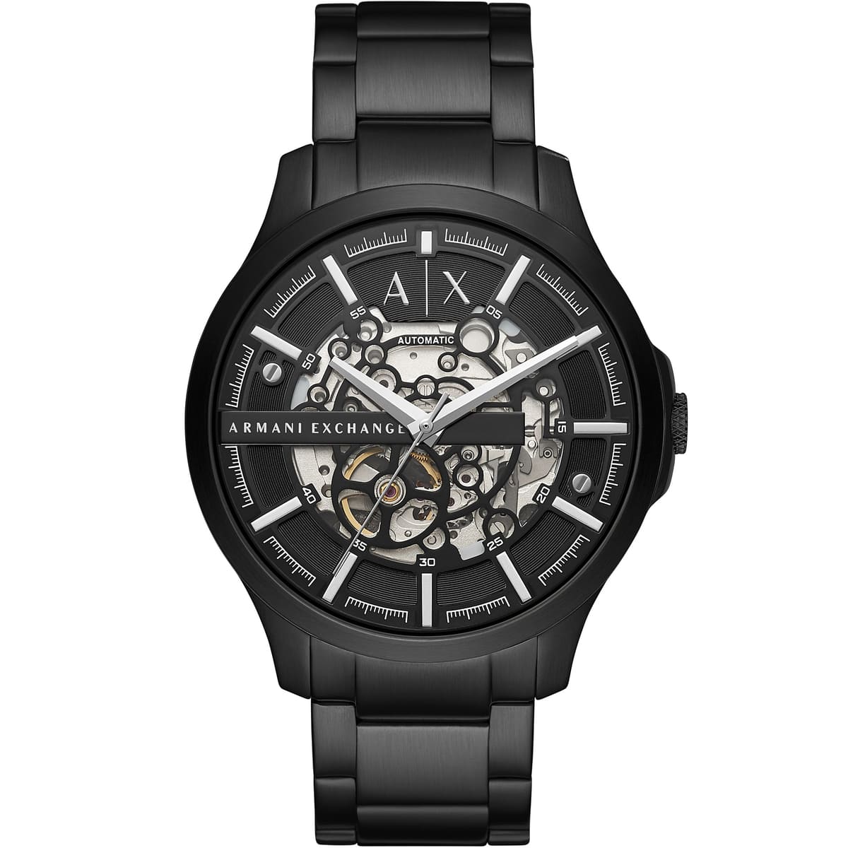 Armani Exchange Hampton AX2418 automatic skeleton watch with black dial and stainless steel bracelet