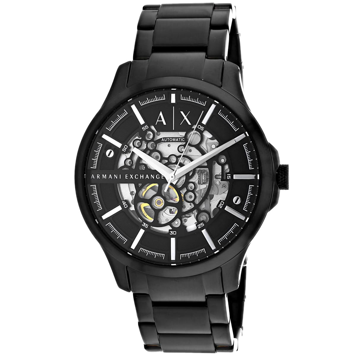 Armani Exchange Hampton AX2418 three-quarter view showing black stainless steel strap and skeleton dial