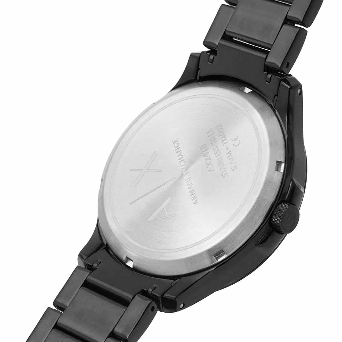 Armani Exchange Hampton AX2418 caseback at angle showing stainless steel construction and specifications