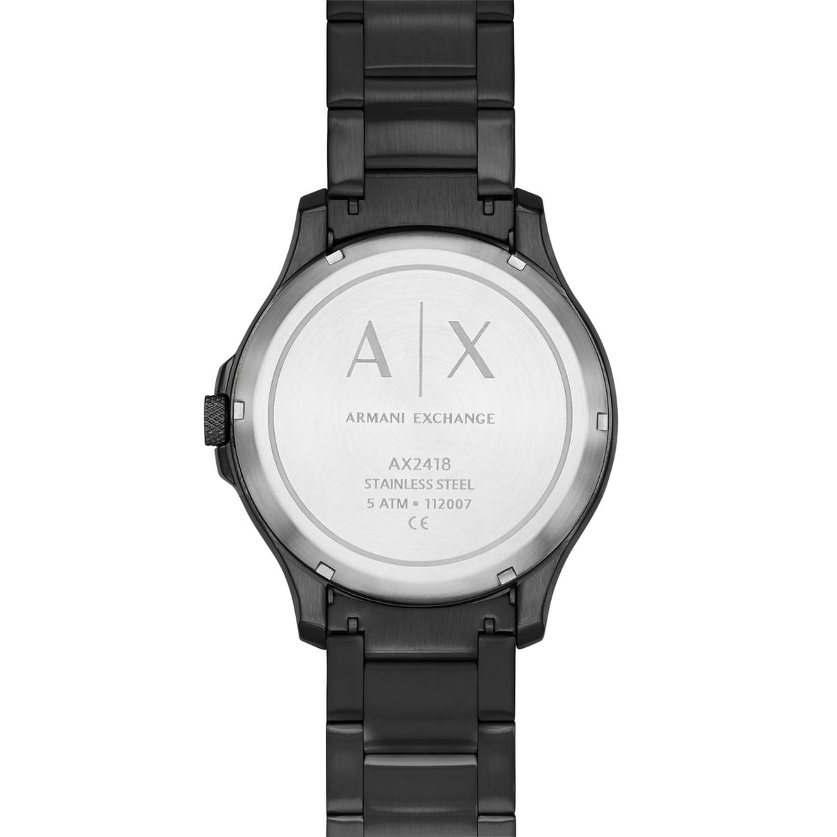 Armani Exchange Hampton AX2418 caseback view displaying stainless steel case back with specifications