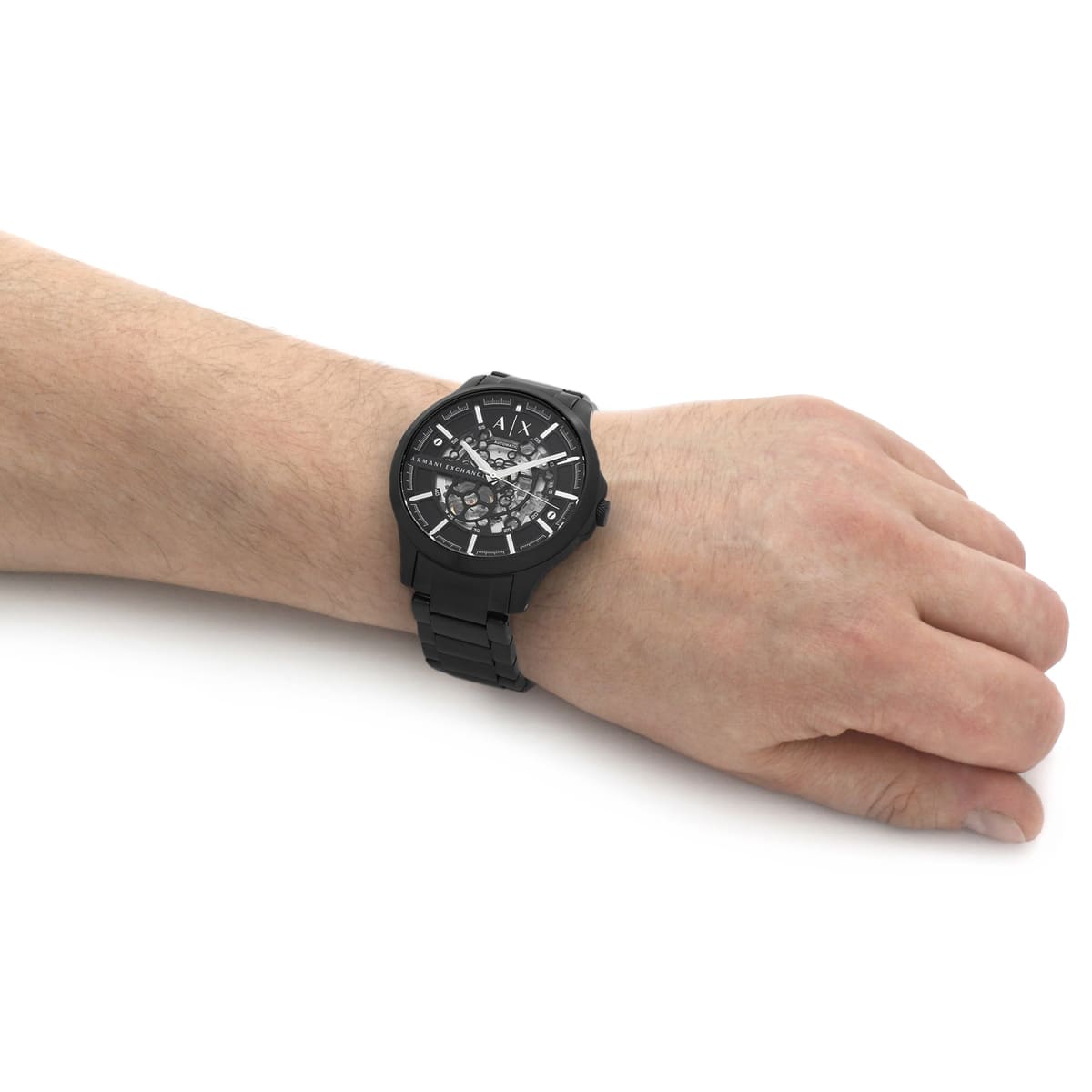 Armani Exchange Hampton AX2418 automatic skeleton watch worn on wrist showing black dial and fit