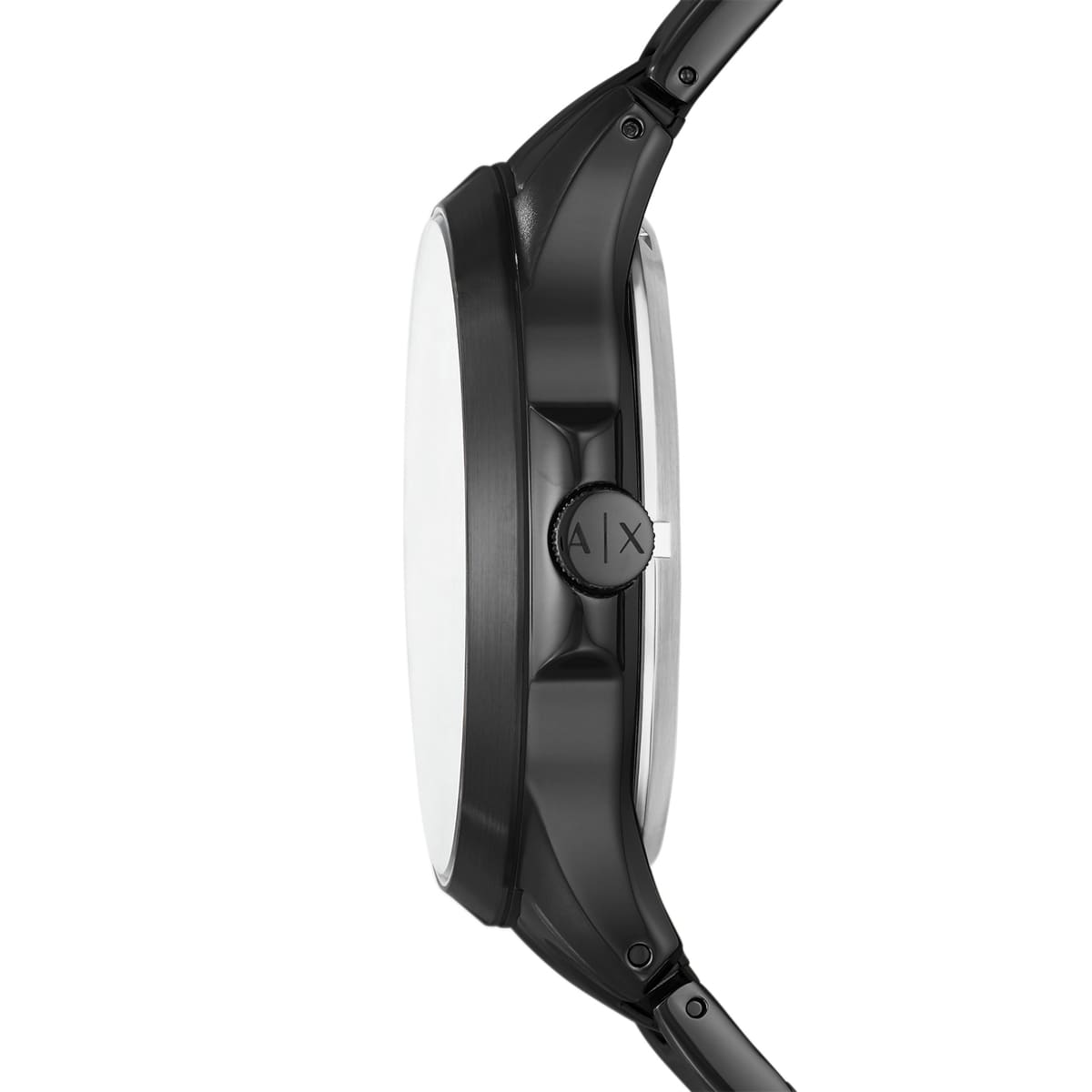 Armani Exchange Hampton AX2418 watch side view displaying black stainless steel case and strap