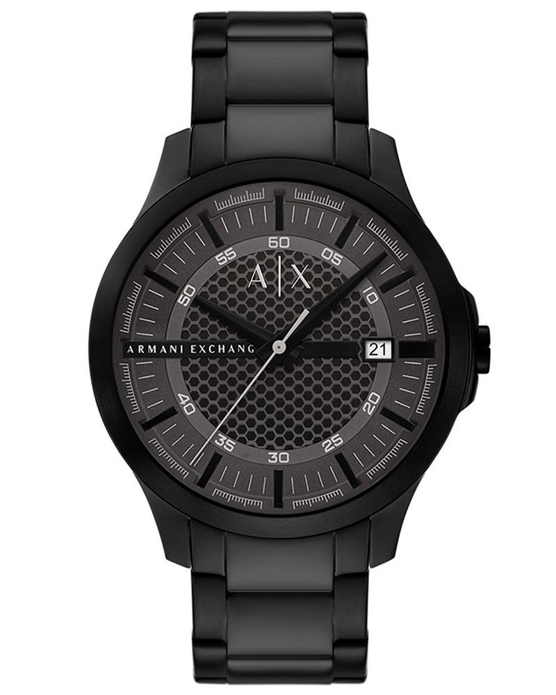 Armani Exchange Hampton all-black men's watch with hexagonal dial pattern and date window