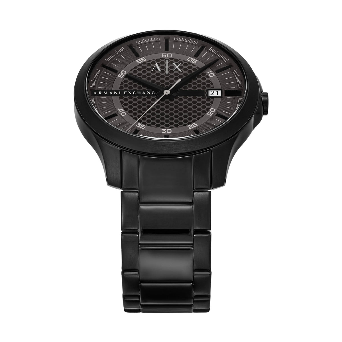 Armani Exchange Hampton watch viewed from above showing round dial and bracelet