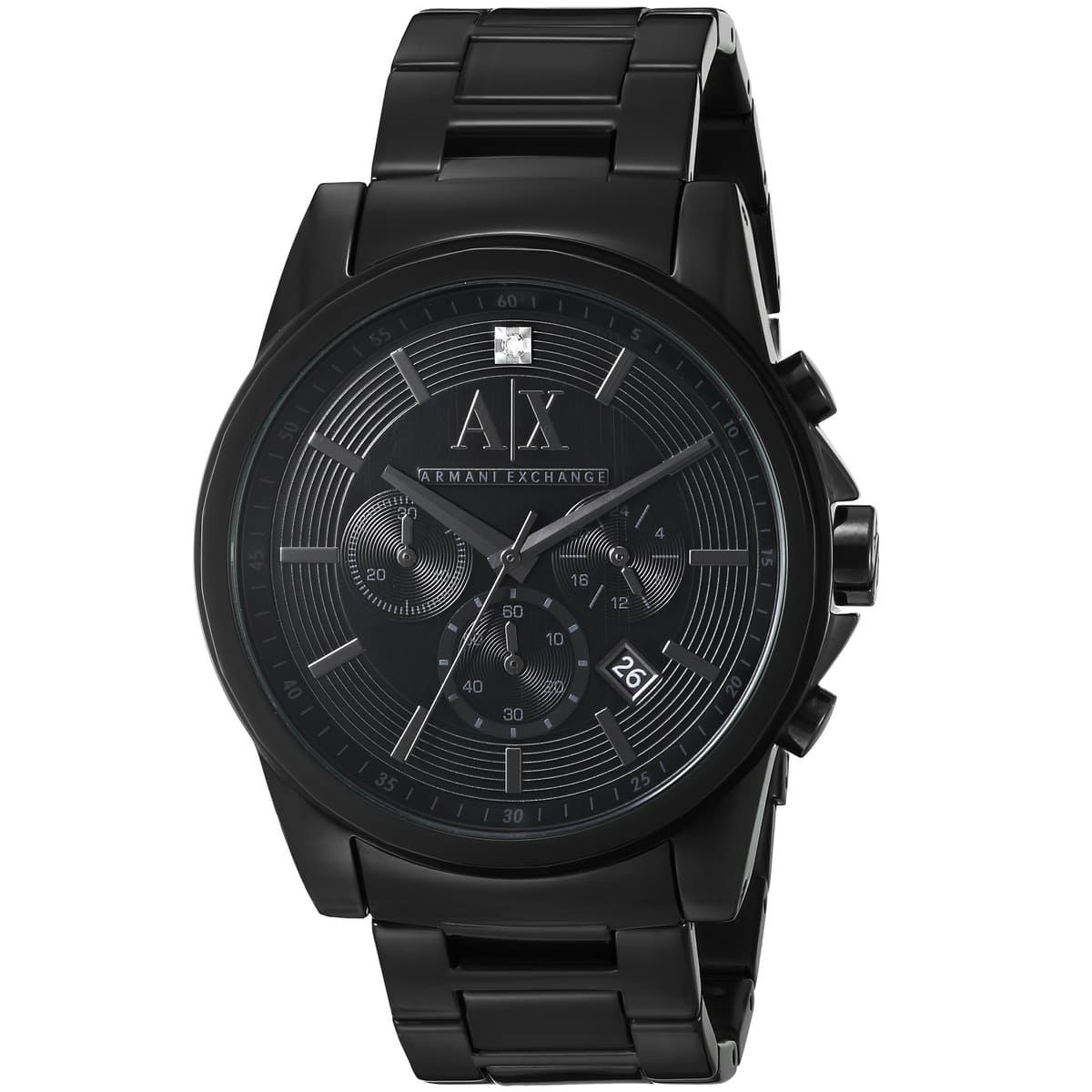 Armani Exchange AX2503 watch at angle showing black dial with chronograph subdials and date window