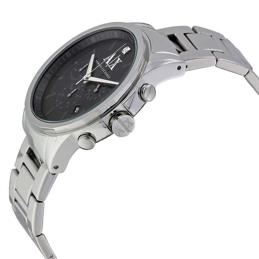 Armani Exchange CAYDE AX2504 watch side profile showing chronograph pushers and stainless steel case