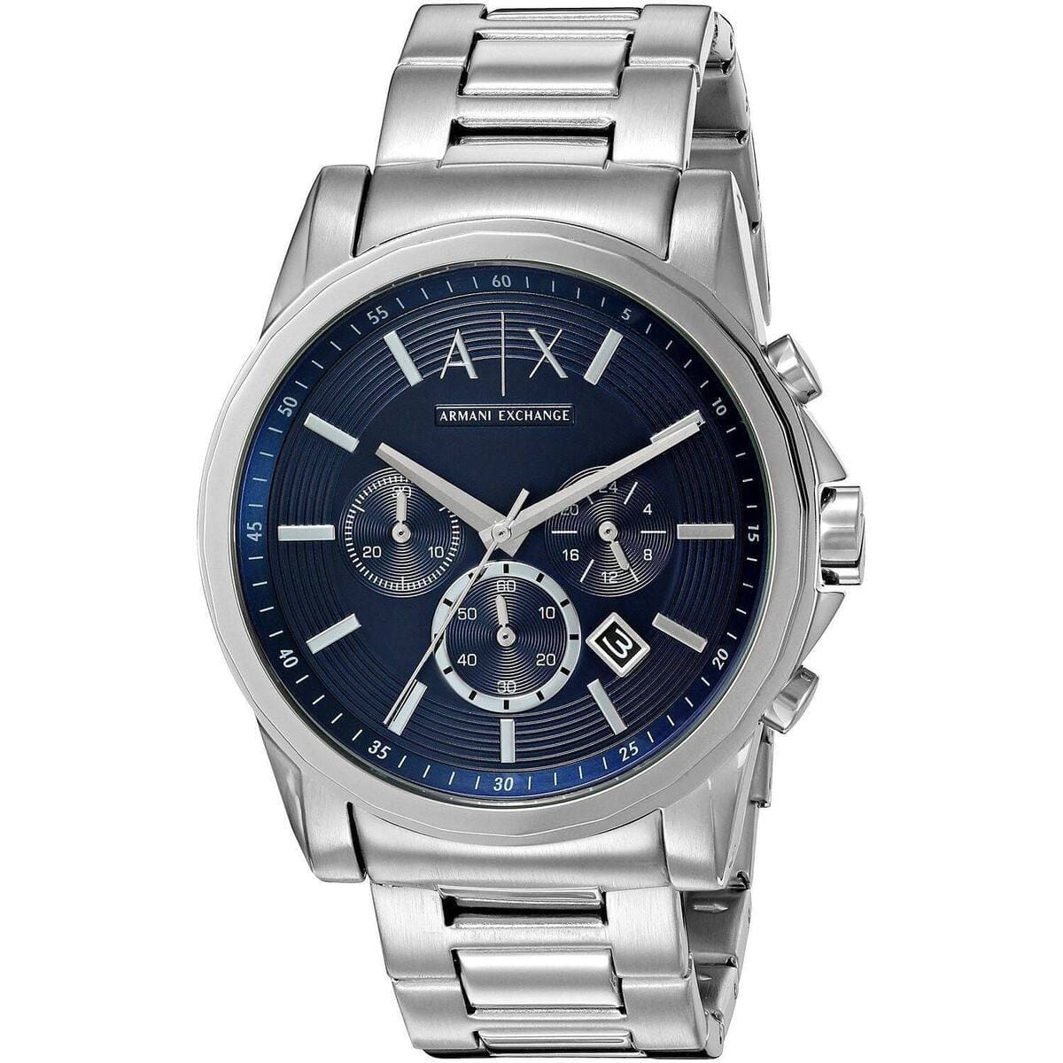 Angled view of AX2509 Hampton watch showing blue chronograph dial with subdials and silver case