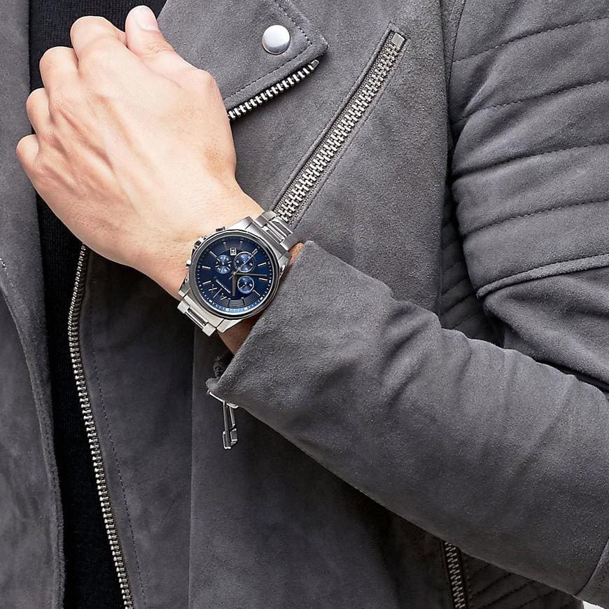 AX2509 Hampton watch worn on wrist showing blue dial chronograph and metal bracelet