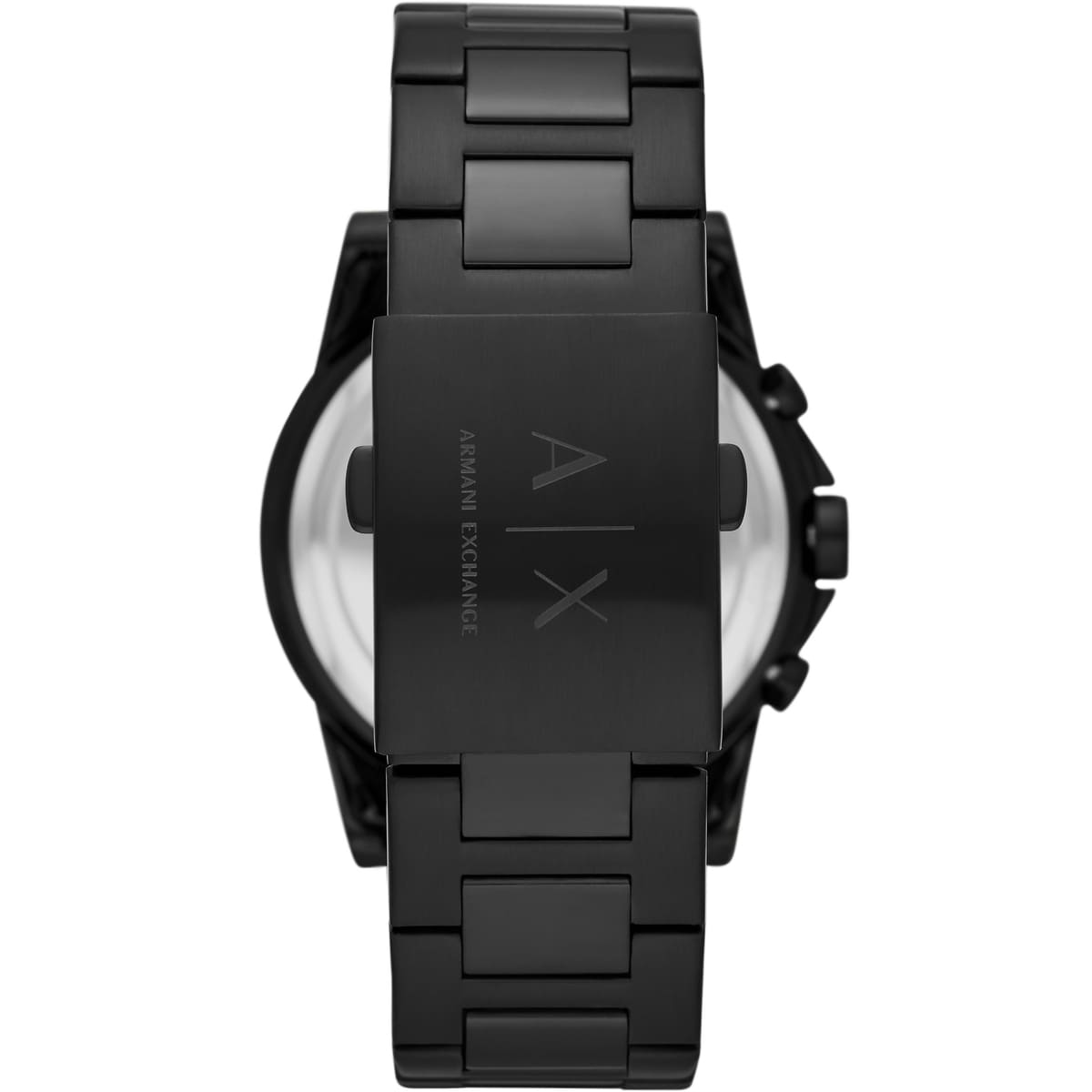 Caseback view of AX2513 Armani Exchange watch showing engraved A|X logo and stainless steel plate