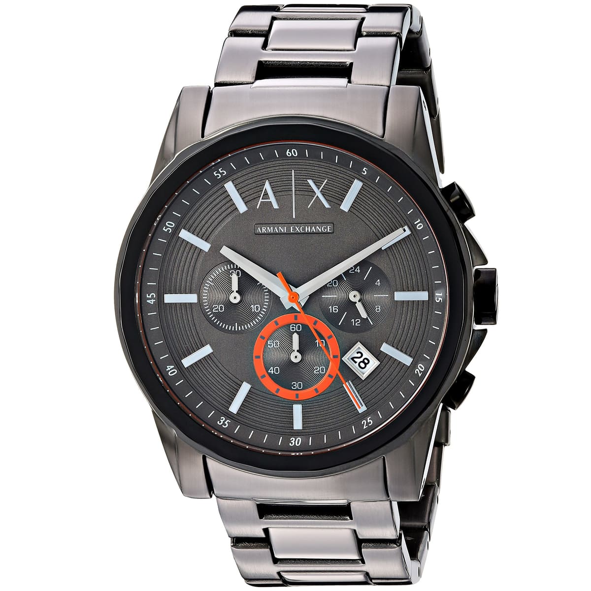 Armani Exchange AX2514 gunmetal watch at angle showing stainless steel bracelet and grey dial with orange accents