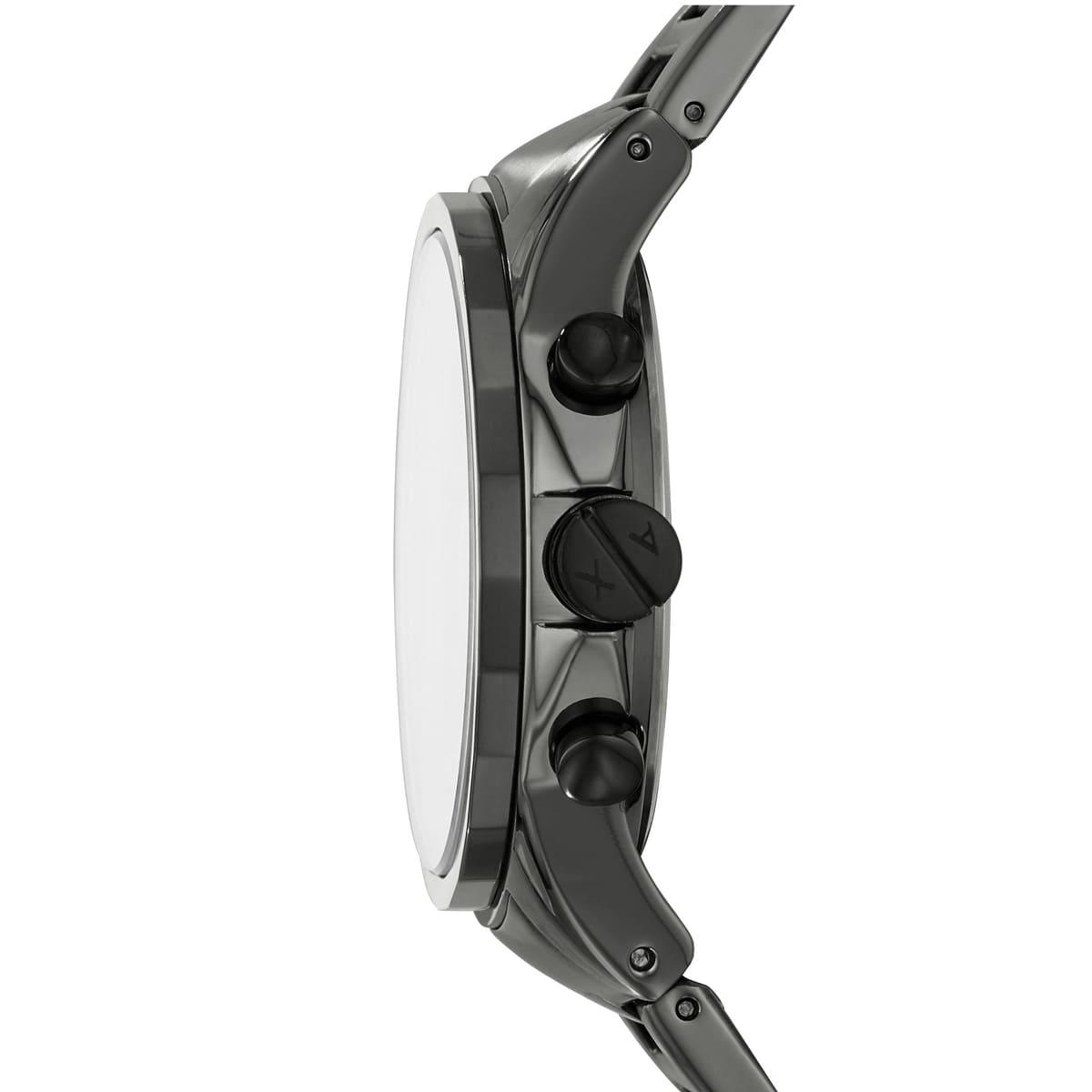 Armani Exchange AX2514 watch side view showing chronograph pushers and gunmetal case profile