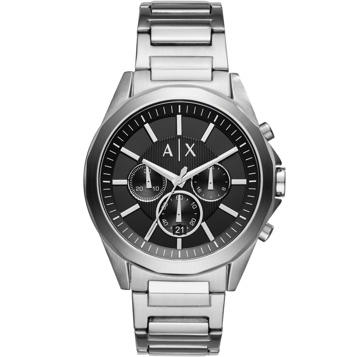 Armani Exchange Drexler chronograph watch with black dial and silver stainless steel bracelet