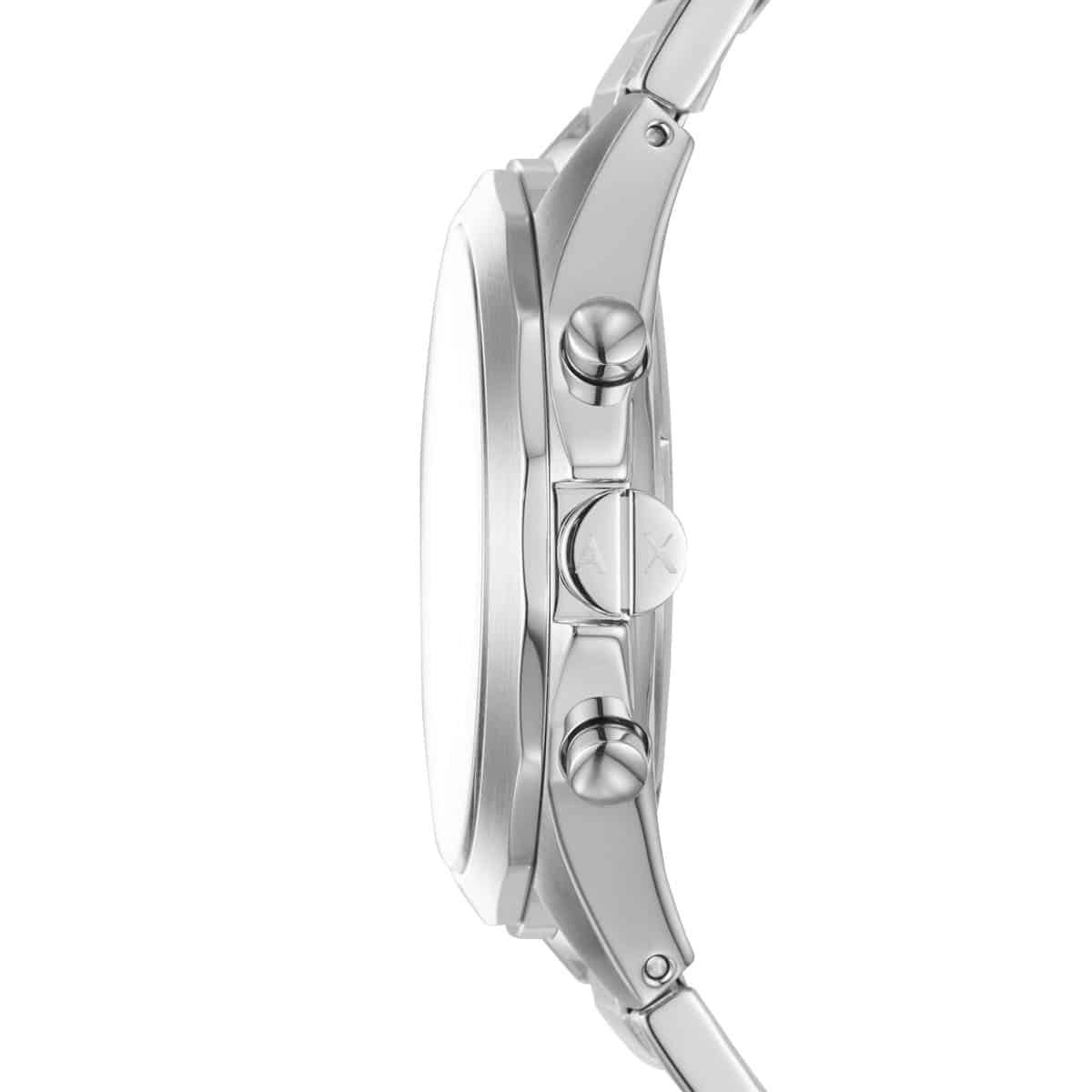 Side view of Armani Exchange Drexler watch showing silver stainless steel case and chronograph pushers