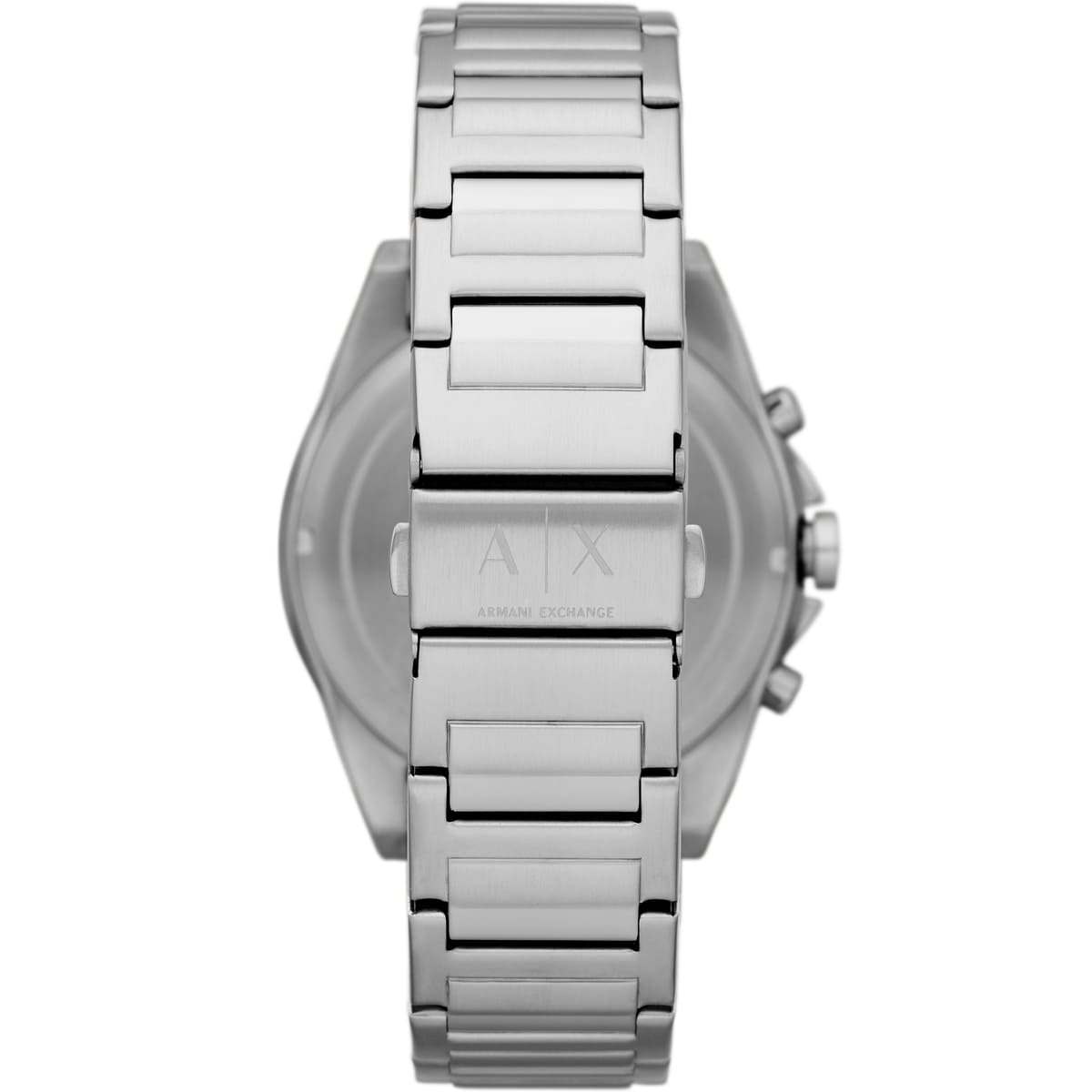 Caseback view of Armani Exchange Drexler watch displaying silver stainless steel bracelet links