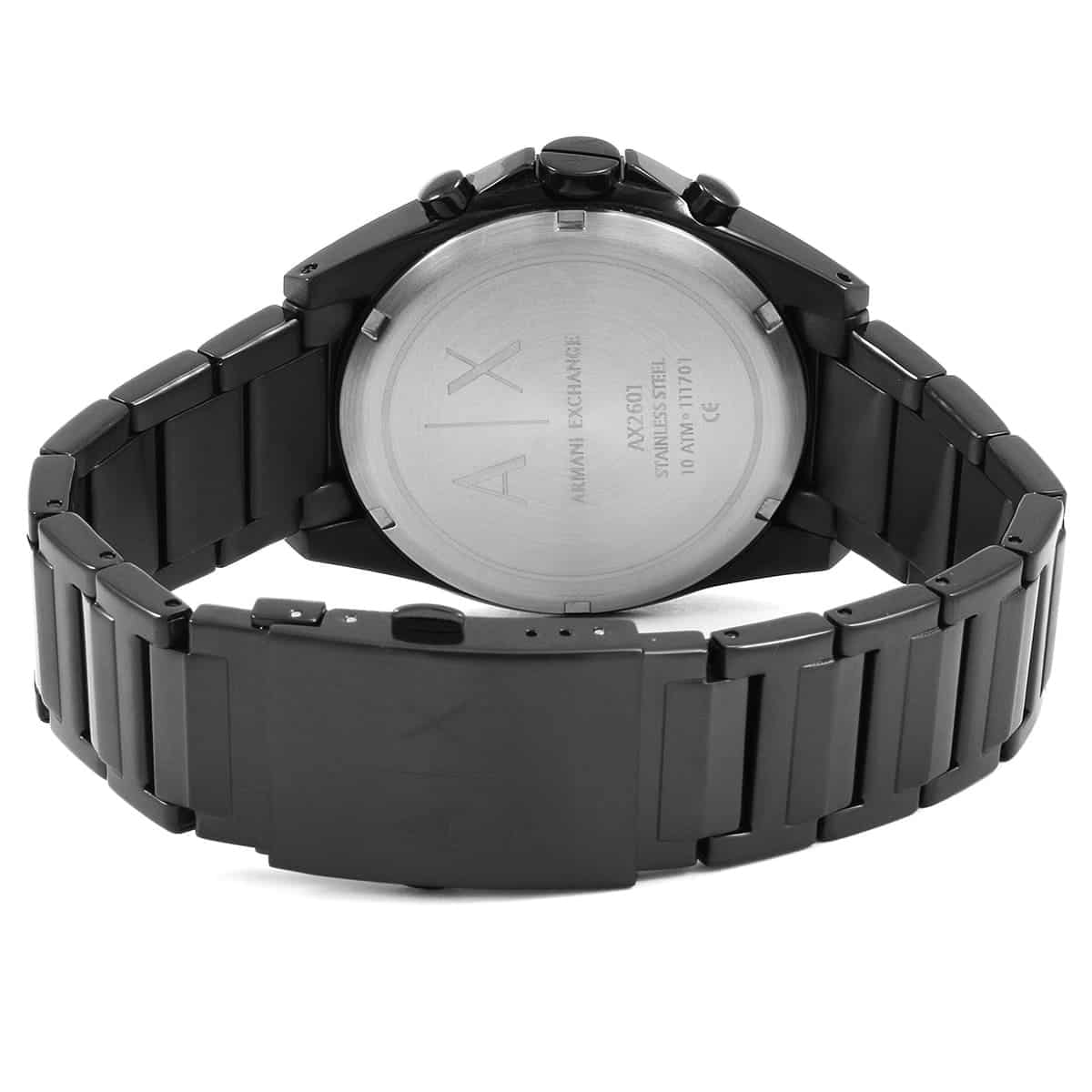 Caseback of AX2601 with Armani Exchange branding and specifications engraved