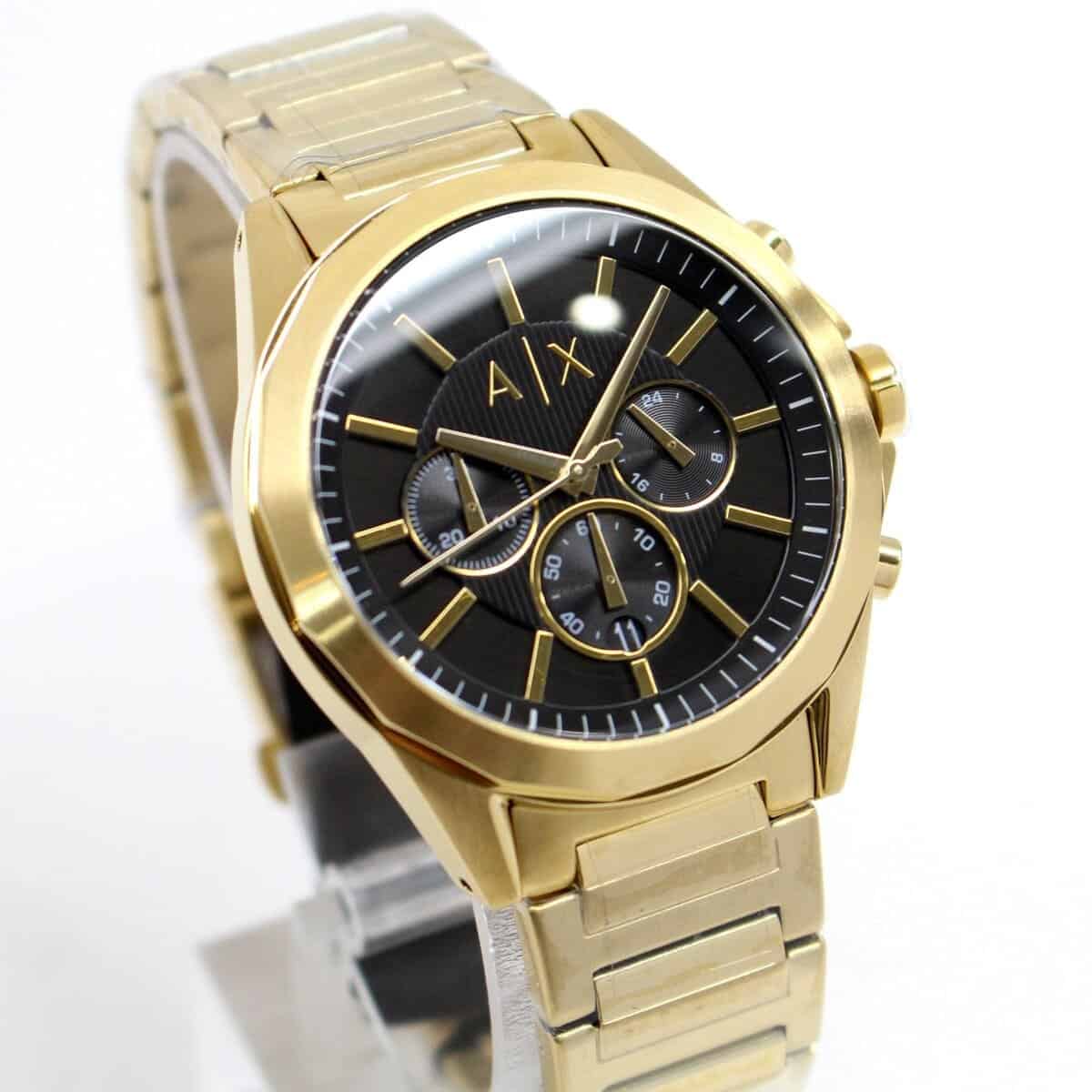 Armani Exchange Hampton AX2611 watch angled front view with gold case and black dial
