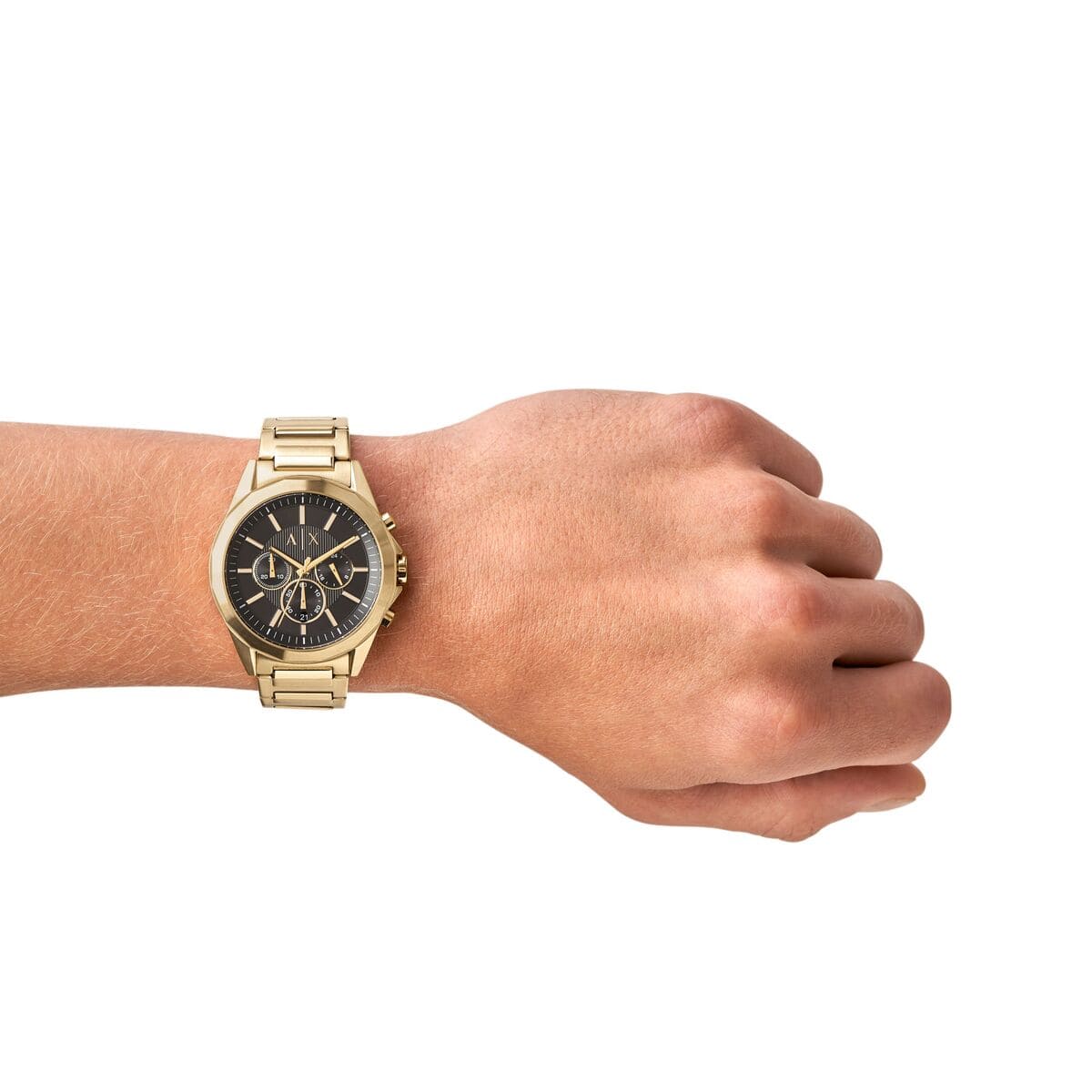 AX2611 Hampton chronograph watch worn on wrist showing gold bracelet and black dial