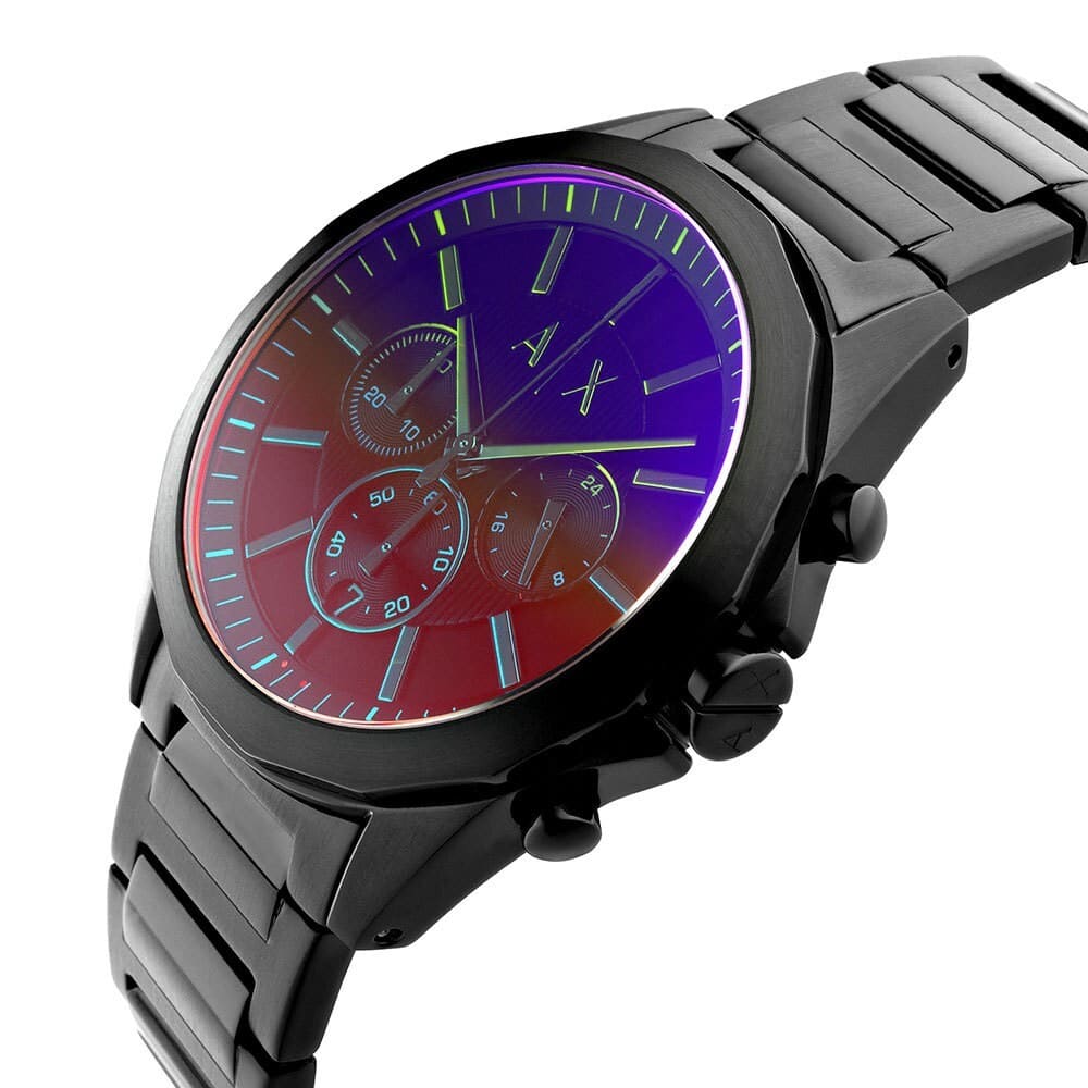 Armani Exchange Drexler AX2615 watch from angled side view displaying gradient purple and red dial with chronograph subdials
