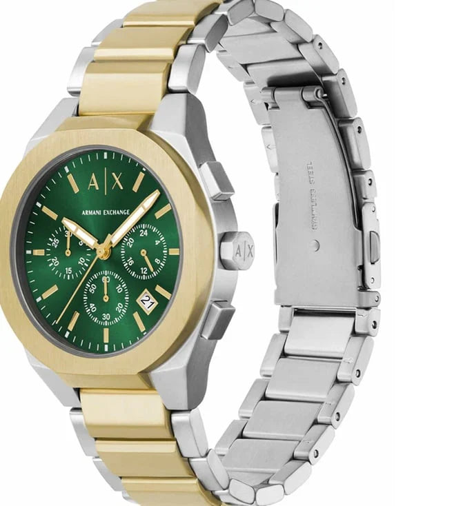 Armani Exchange Rafael AX4184 angled view showing green chronograph dial and two-tone bracelet
