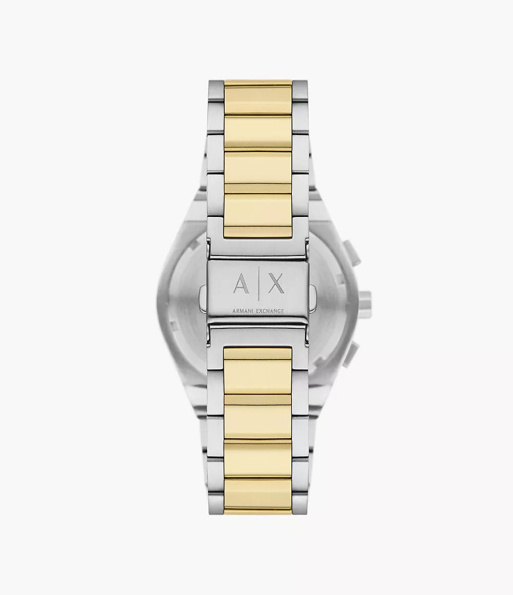 Armani Exchange Rafael AX4184 caseback view with two-tone stainless steel and gold bracelet