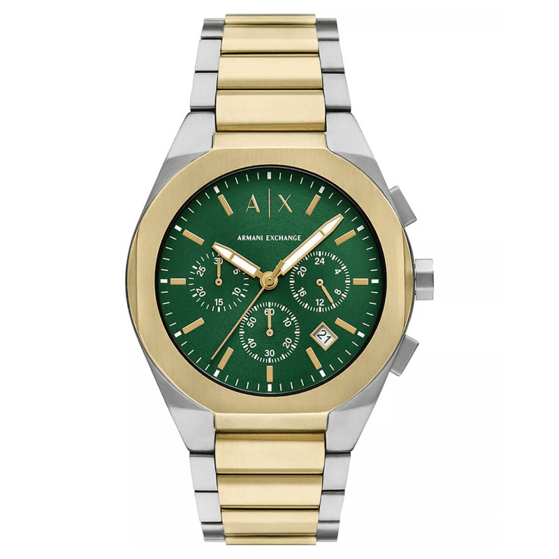 Armani Exchange Rafael chronograph watch with green dial, two-tone gold and silver bracelet, AX4184