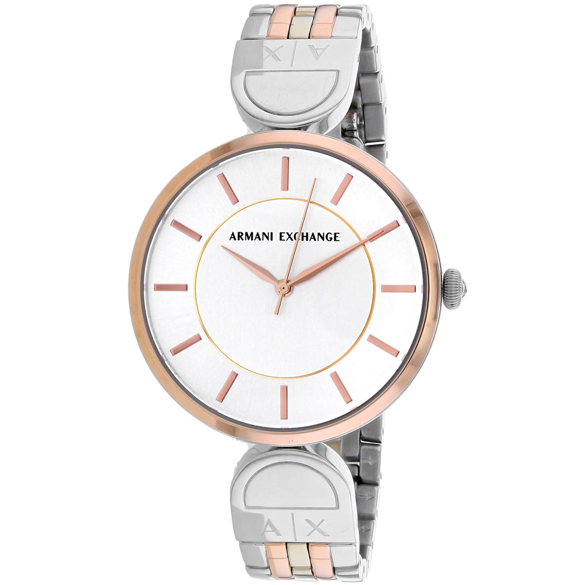 Armani Exchange Brooke watch at angle showing silver dial with rose gold indices and mixed-metal strap