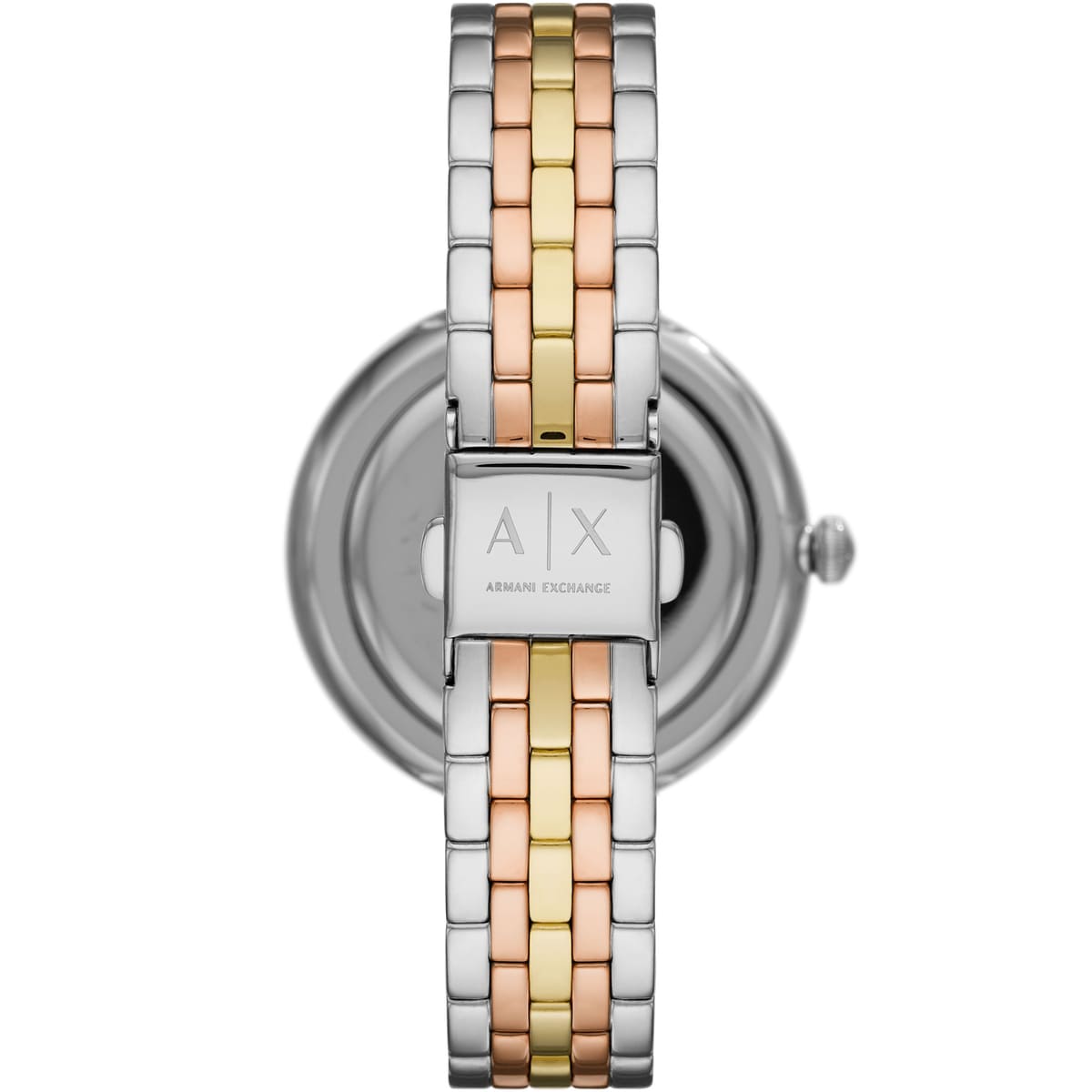 Armani Exchange Brooke watch caseback view showing stainless steel case with rose gold accent