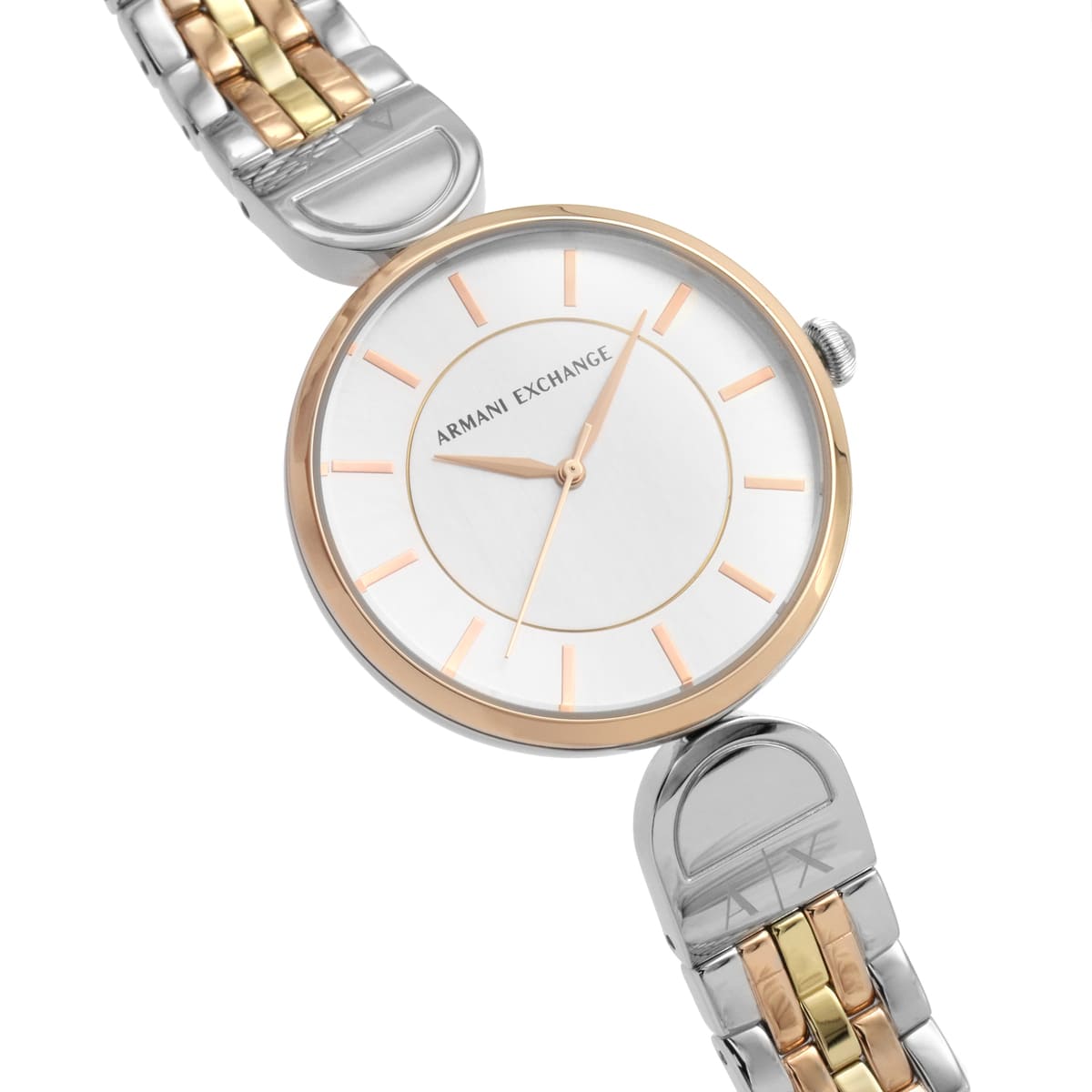 Armani Exchange Brooke watch displayed flat showing dial and multicolor metal bracelet details