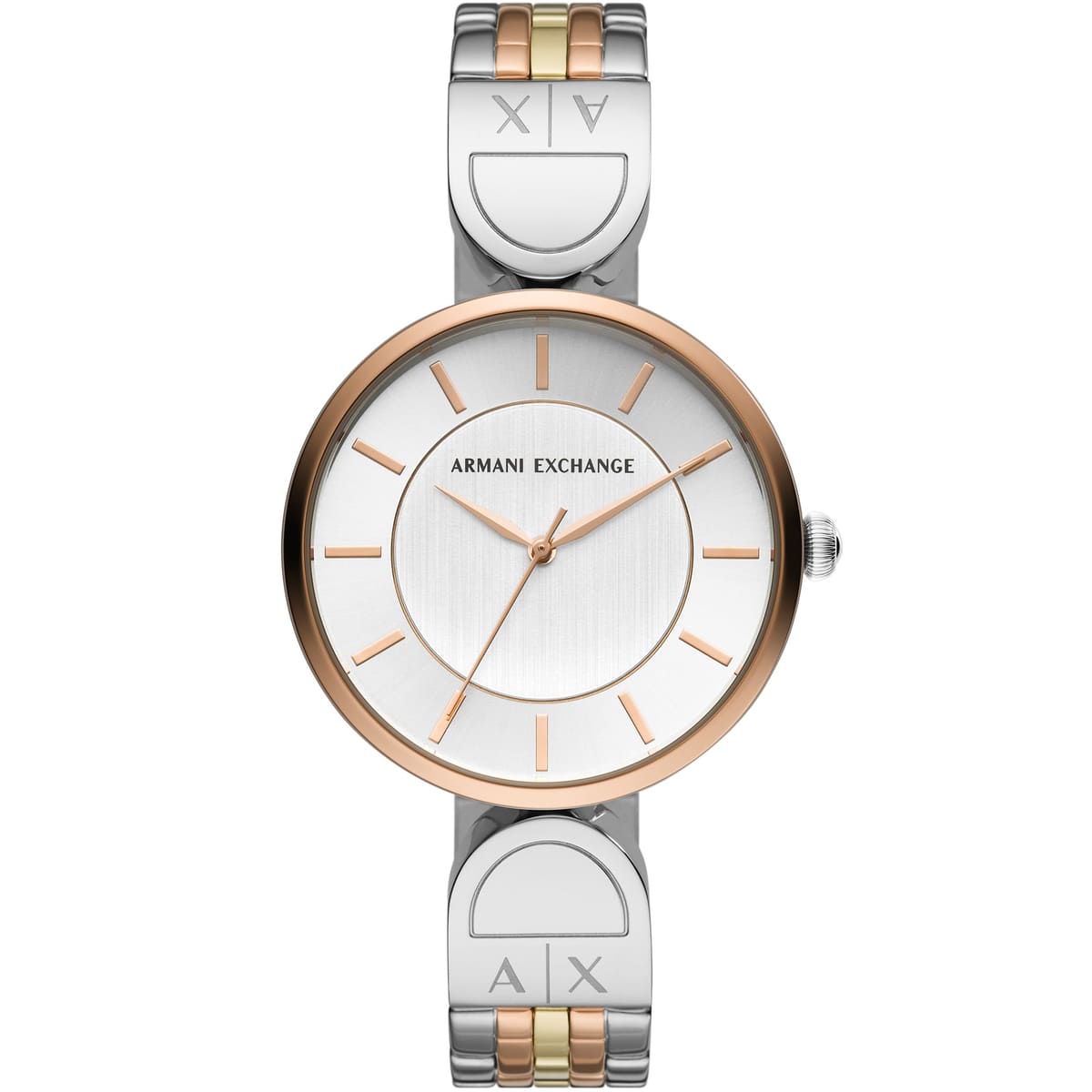 Armani Exchange Brooke women's watch with silver dial and rose gold case on mixed-metal bracelet
