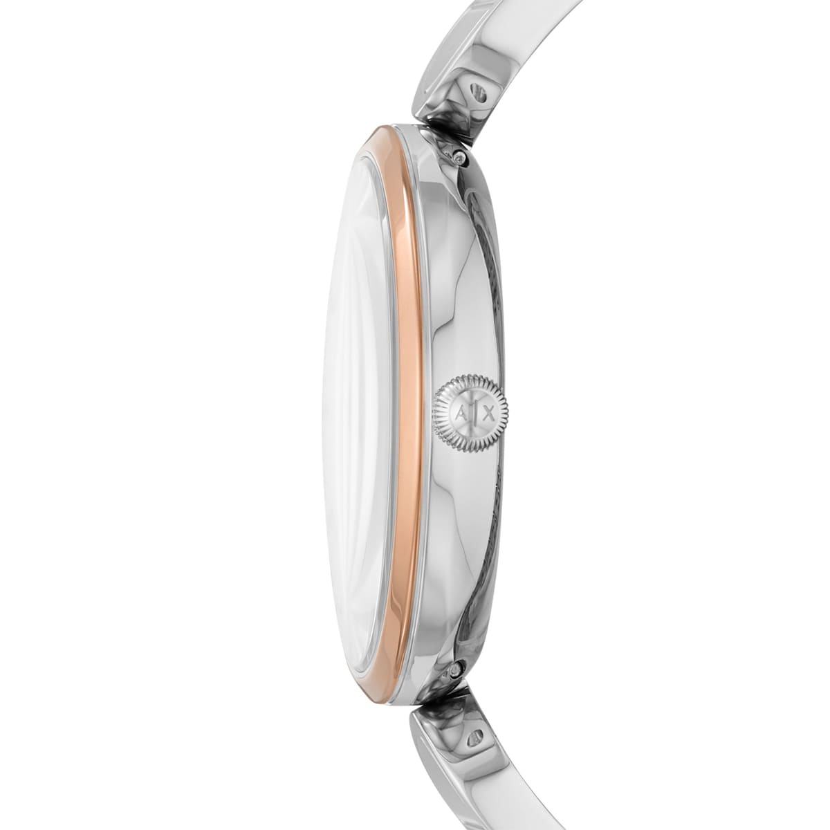 Armani Exchange Brooke watch side profile showing rose gold case and mixed-metal bracelet