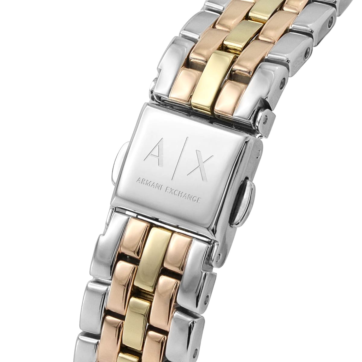 Armani Exchange Brooke mixed-metal bracelet with silver, gold, and rose gold links and logo clasp