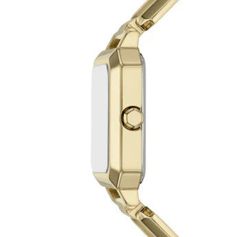 Angled view of Armani Exchange Leila AX5734 gold case and bracelet with crown detail