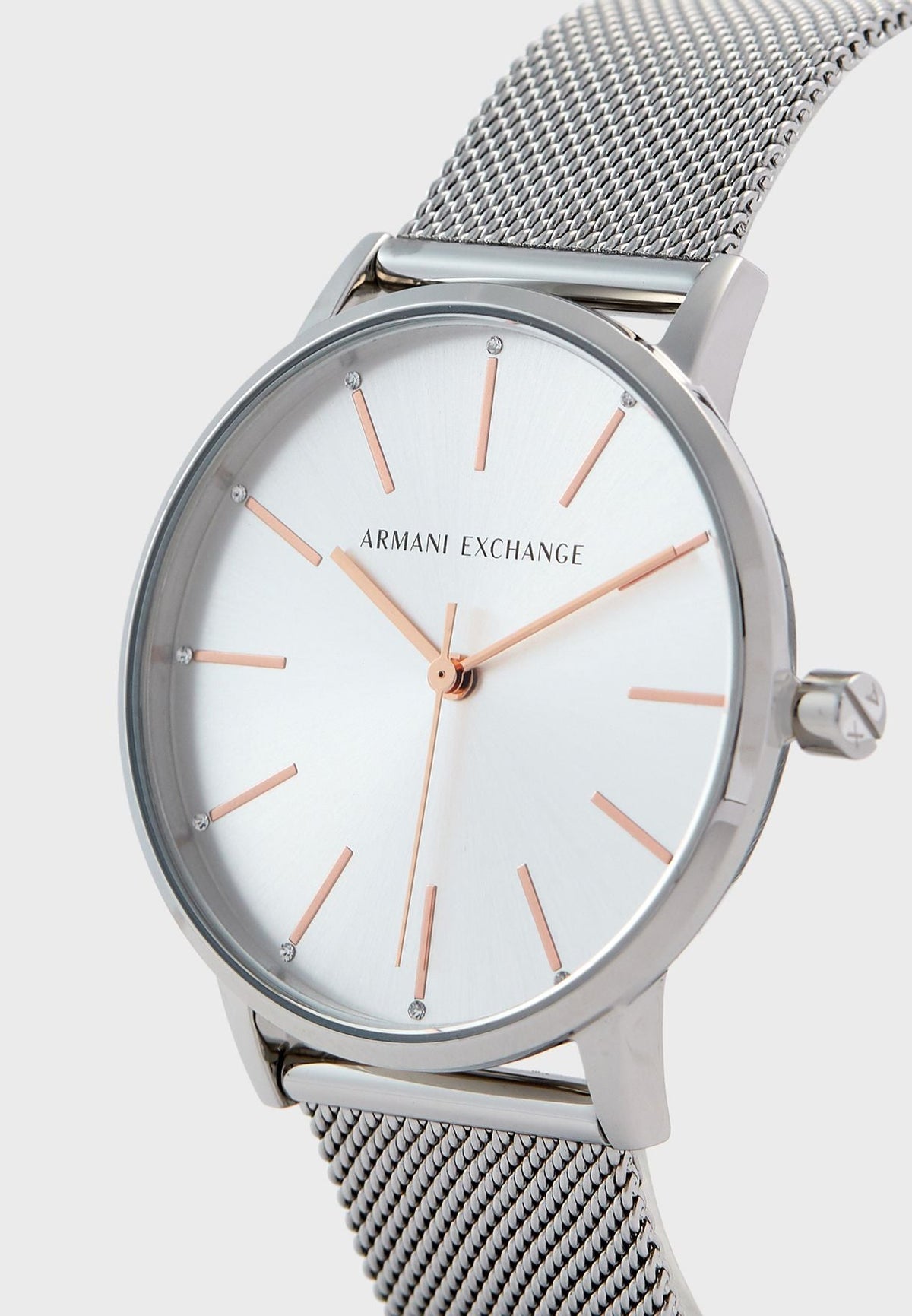 Armani Exchange AX7112 angled view showing case profile and mesh band detail