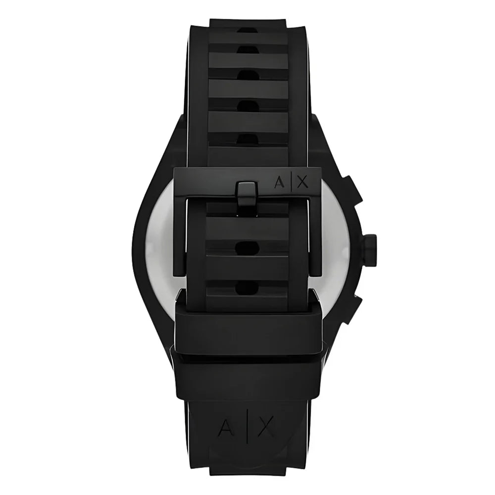 Armani Exchange Rafael AX7165 watch caseback showing black silicone strap detail