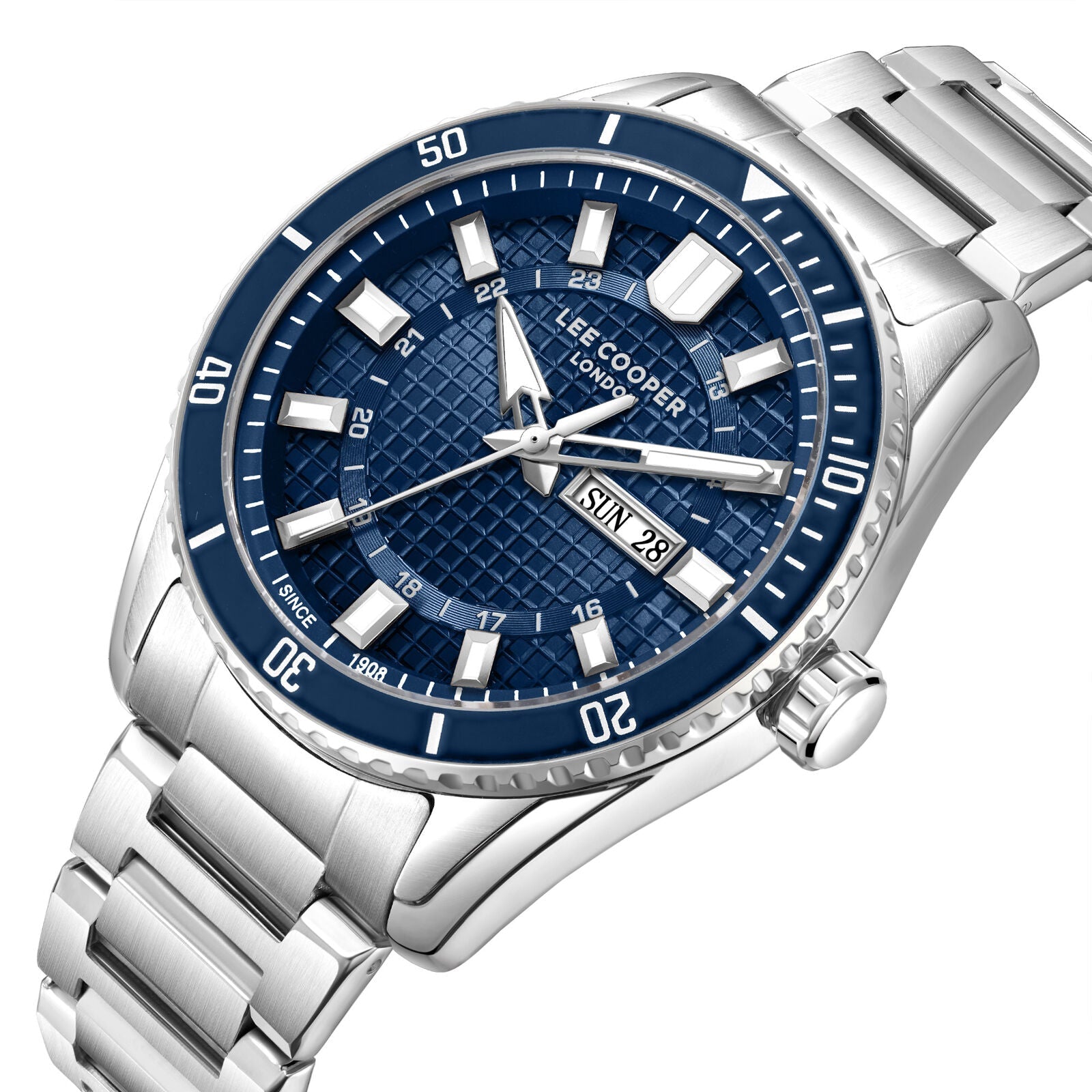 Lee Cooper Donald Day Date Window Blue Dial Silver Watch - LC08314.390