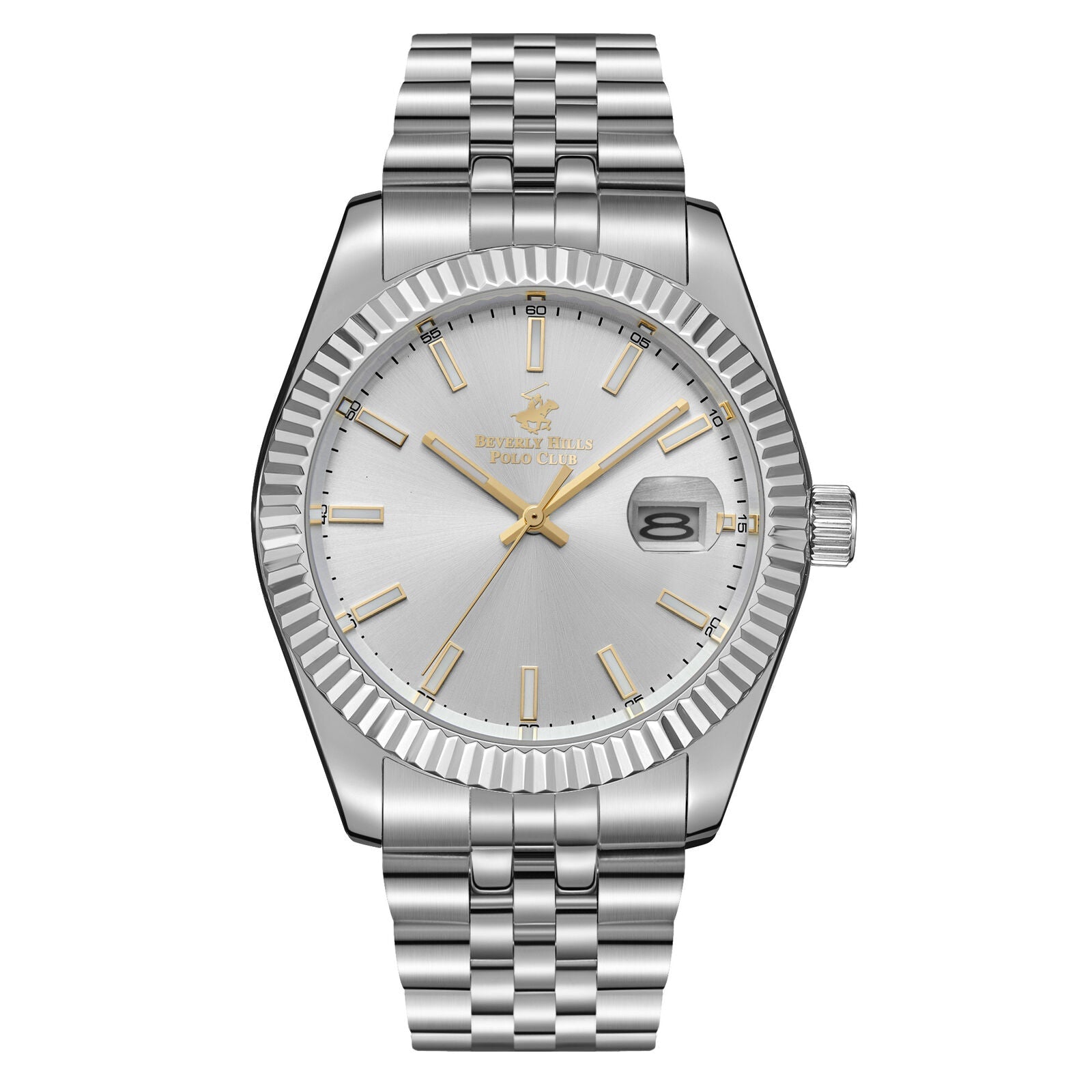 Beverly Hills Polo Club silver watch with fluted bezel, white dial, gold-tone hour markers and hands, and date window