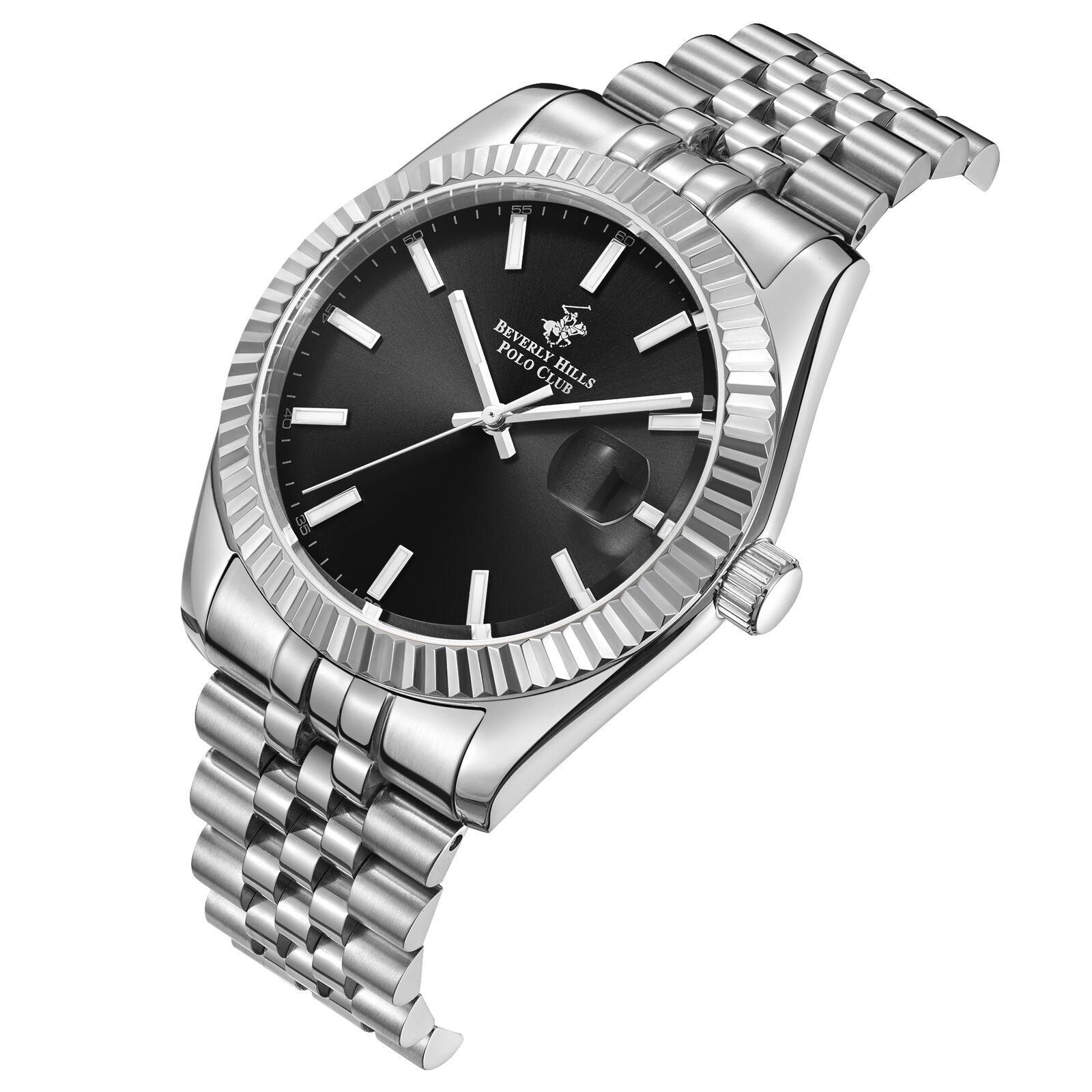 BP3018X.350 angled view showing black dial, date window, and silver stainless steel bracelet