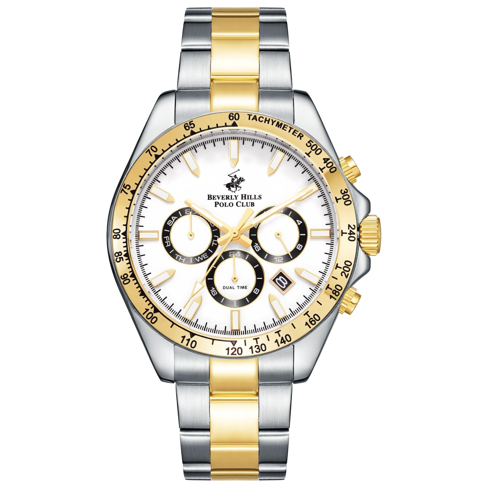 Beverly Hills Polo Club BP3127X.230 two-tone chronograph watch with white dial and dual subdials