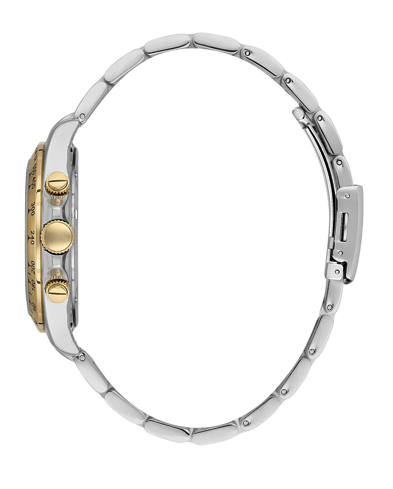 Two-tone stainless steel and gold bracelet with three push button chronograph pusher, side view