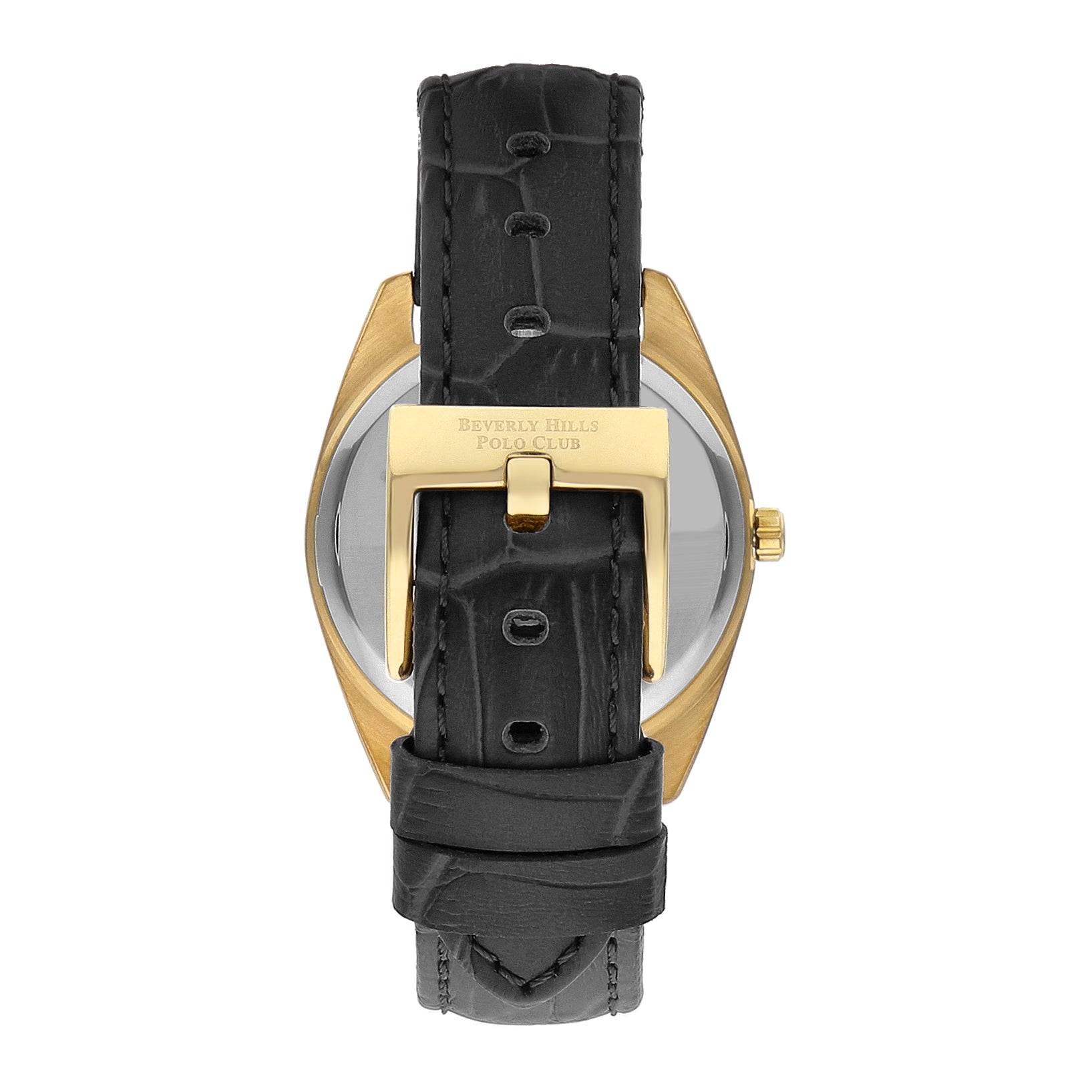 Back view of Beverly Hills Polo Club watch with black leather strap and gold-tone case