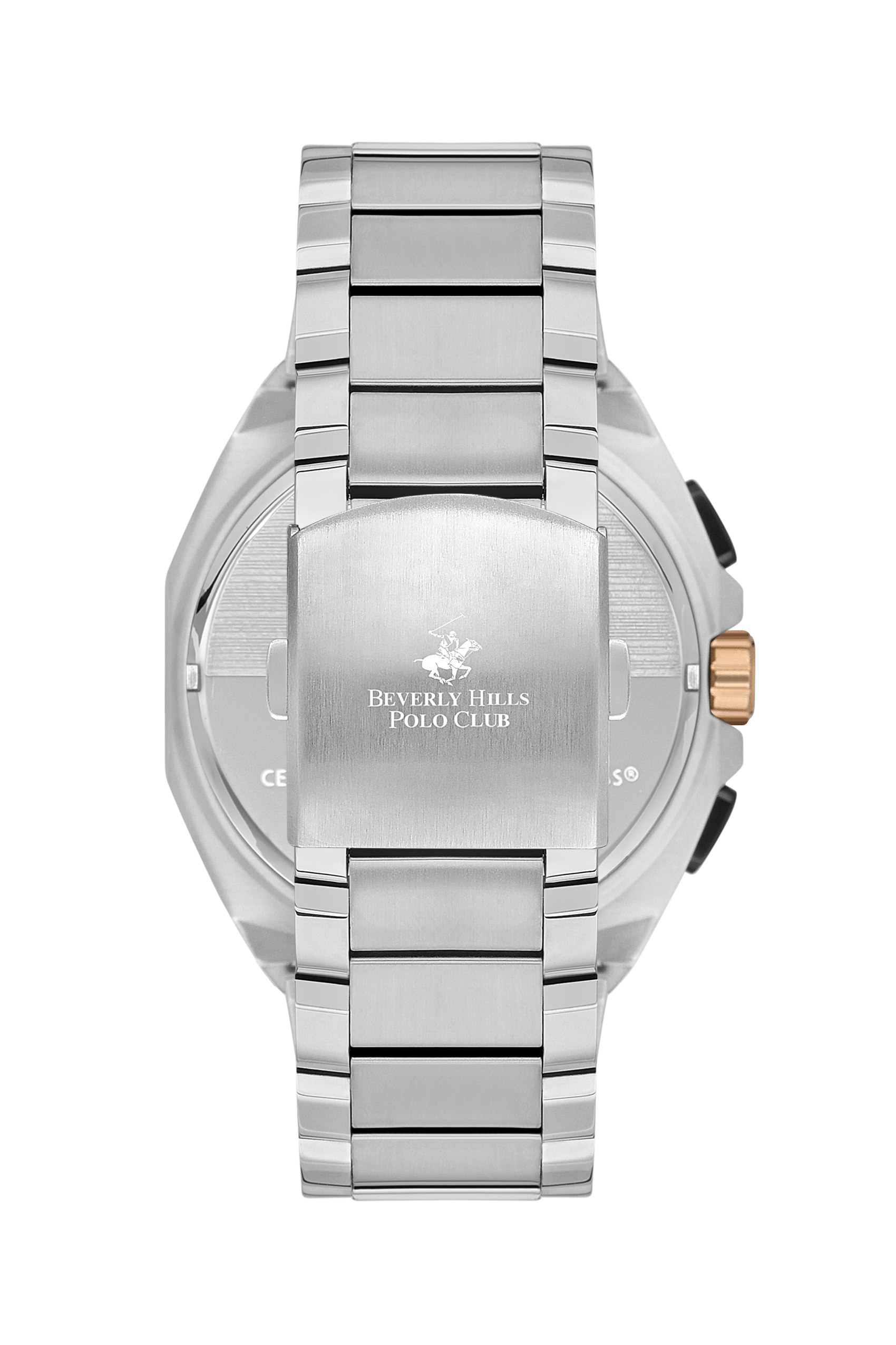 Caseback view of Beverly Hills Polo Club watch with stainless steel bracelet and logo engraving