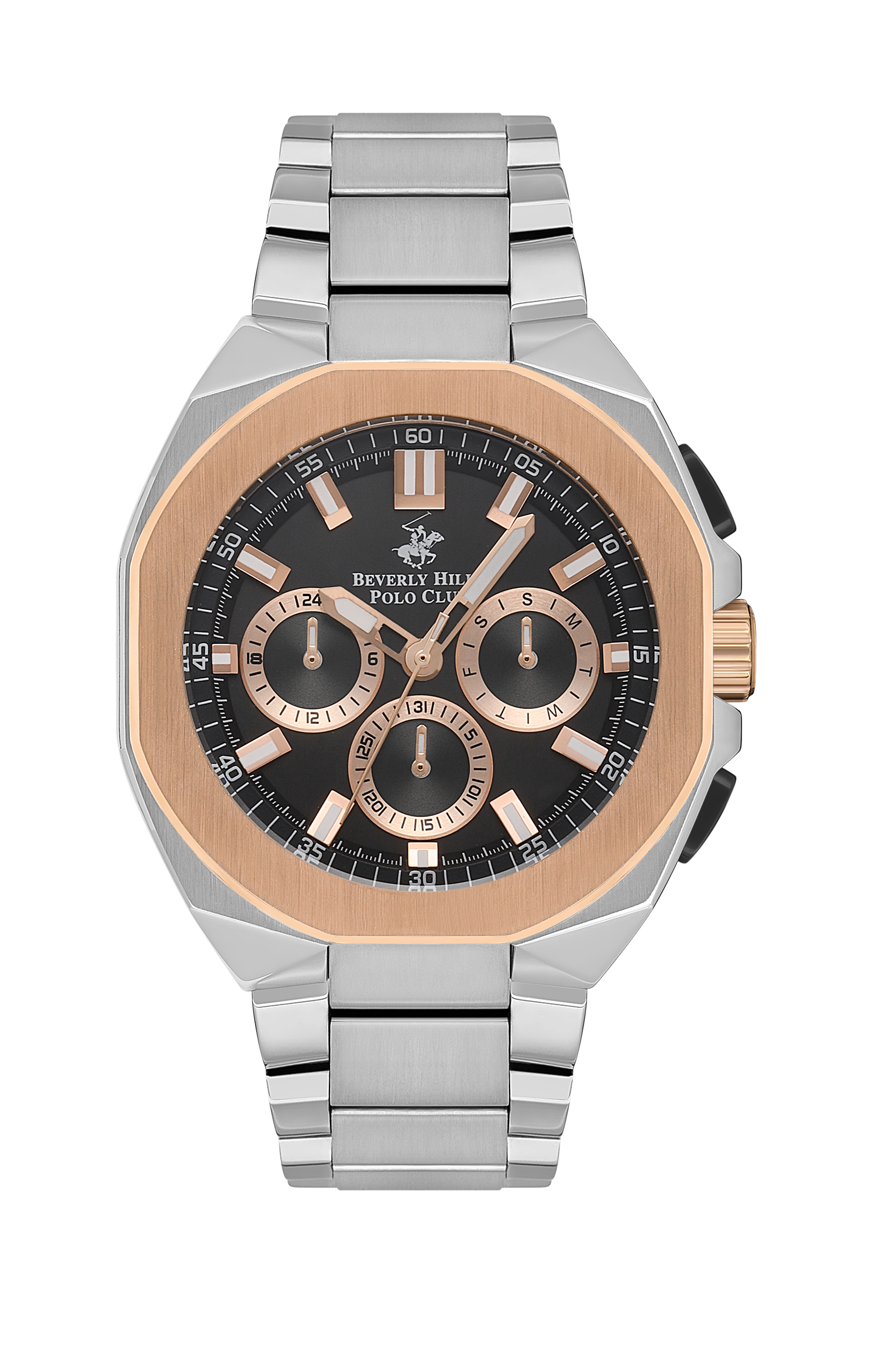 Beverly Hills Polo Club multifunction watch with rose gold and silver case, black dial, chronograph subdials